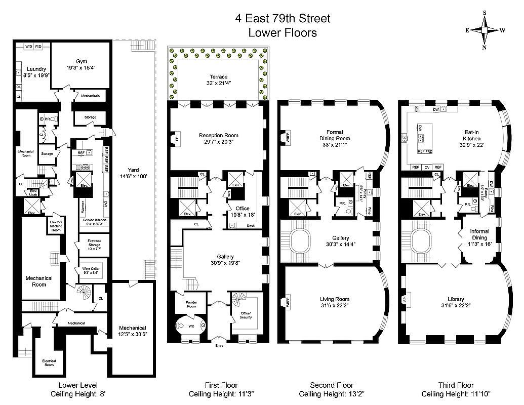 This image is a comprehensive architectural floor plan for the lower levels of a luxury residence located at 4 East 79th Street. It provides a detailed top-down layout of the Lower Level, First Floor, Second Floor, and Third Floor, including room dimensions, ceiling heights, and key amenities like a gym, wine cellar, and terrace. The technical drawing offers a clear, professional overview of the property's spatial organization and flow.