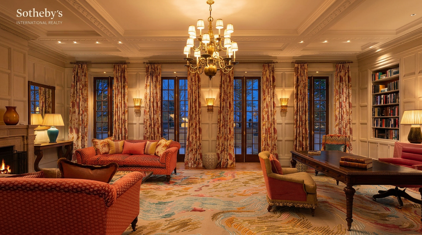 This elegant and spacious living room features classic architectural details, including intricate crown molding and wood-paneled walls. The room is furnished with plush, patterned seating, a large wooden desk, and a vibrant, abstract-patterned area rug, all illuminated by a grand, multi-tiered chandelier. Large French doors with floor-to-ceiling floral curtains allow for abundant natural light, creating a sophisticated and luxurious atmosphere.