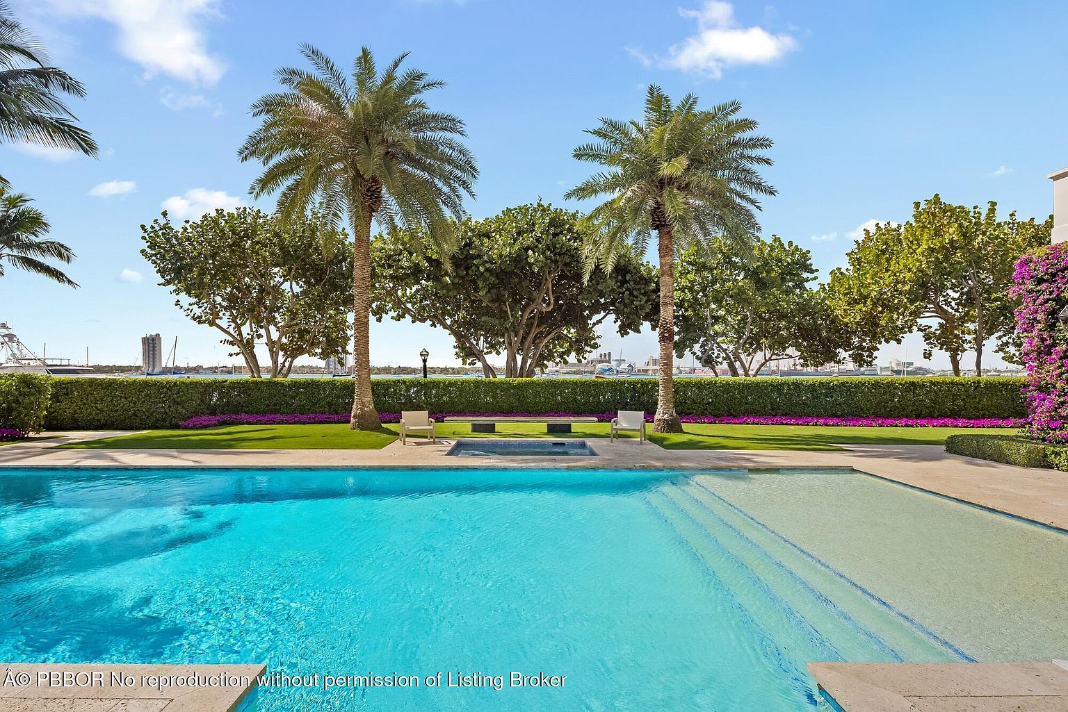 This image showcases a luxurious pool area with turquoise water, surrounded by a well-manicured lawn, palm trees, and flowering bushes. The pool features steps for easy access and a separate spa area. The scene evokes a sense of relaxation and upscale outdoor living, perfect for entertaining or enjoying a private oasis.