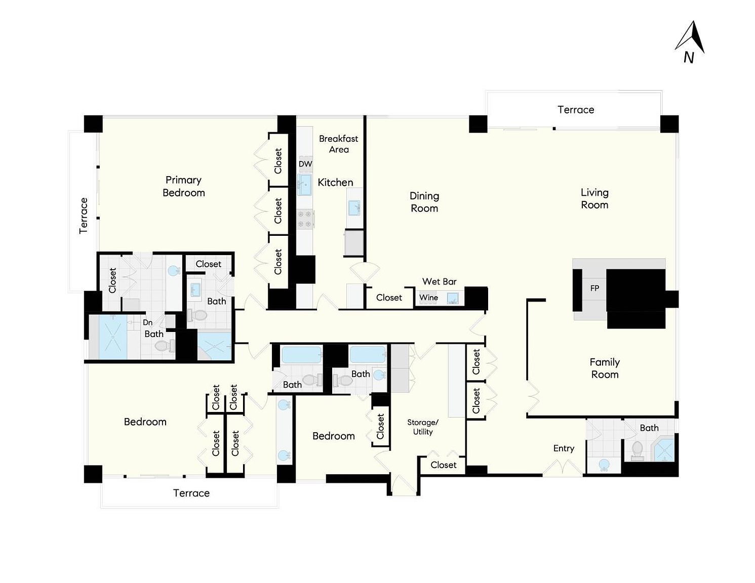 This image is a detailed 2D floor plan of a residential unit, showcasing a spacious layout with multiple bedrooms, bathrooms, and living areas. The design includes a primary bedroom with an en-suite bath, a central kitchen with a breakfast area, and a large living room connected to a family room and a terrace. The floor plan also highlights several storage closets, a wet bar, and multiple access points to outdoor terrace spaces.
