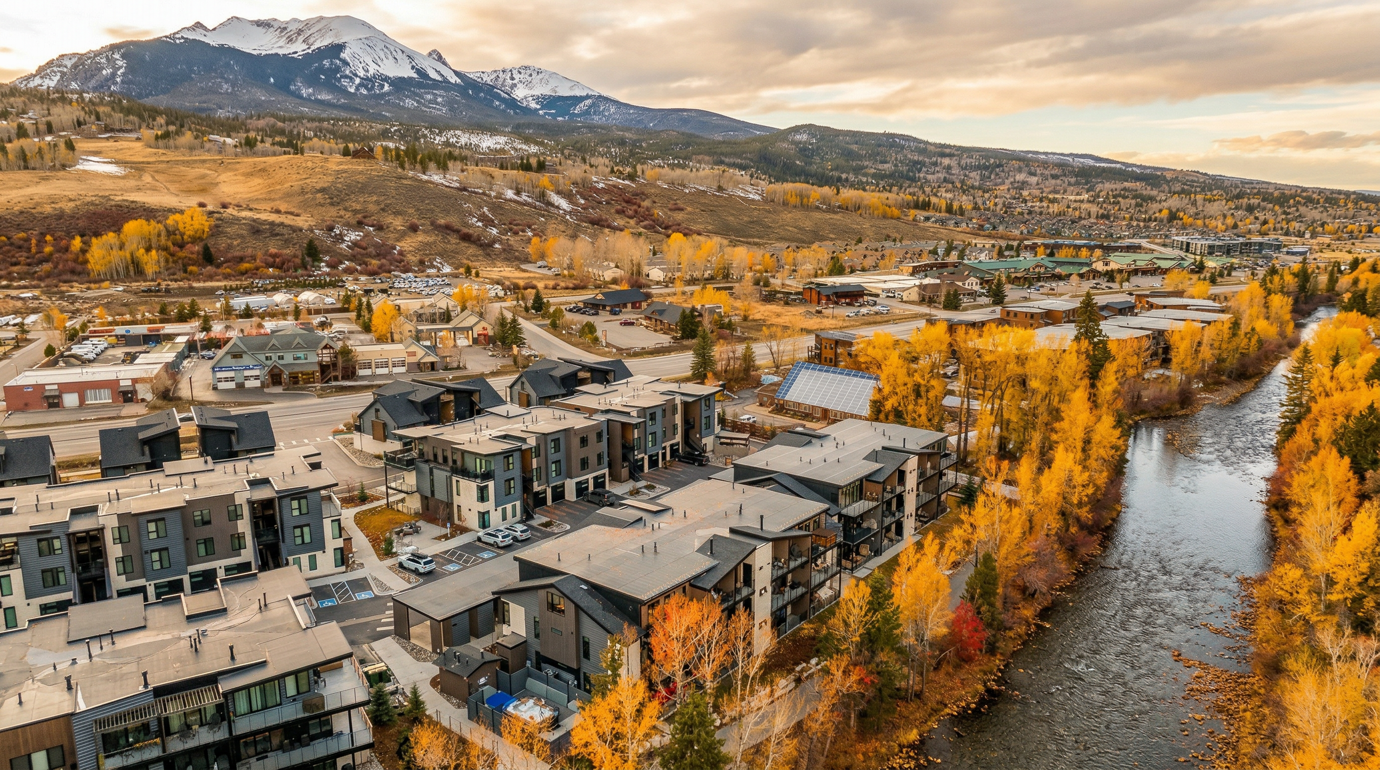This aerial view captures a contemporary residential townhouse community nestled along a riverbank, framed by vibrant autumn trees and dramatic, snow-capped mountains. The architecture blends modern design elements with earthy tones, complementing the picturesque natural surroundings. The scene effectively highlights the property's serene location and its proximity to both urban amenities and mountain landscapes.