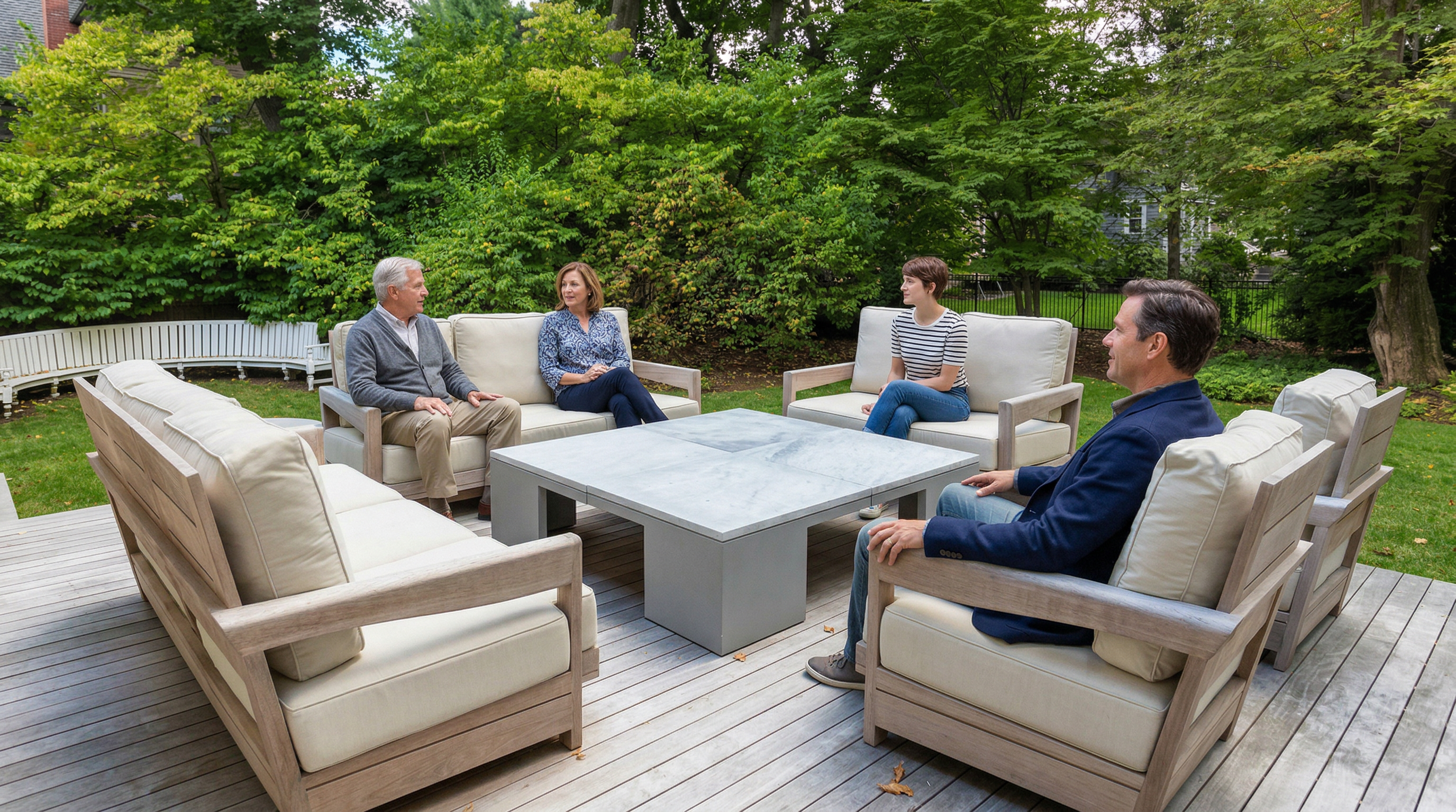 This inviting outdoor living space features a spacious wooden deck furnished with a modern, light-toned wood sofa set and matching armchairs arranged around a central square fire pit table. The deck overlooks a lush, private backyard filled with mature trees and a manicured lawn, creating a serene and peaceful atmosphere. The perspective is a wide-angle shot from the deck, emphasizing the seamless transition between the comfortable seating area and the natural landscape.