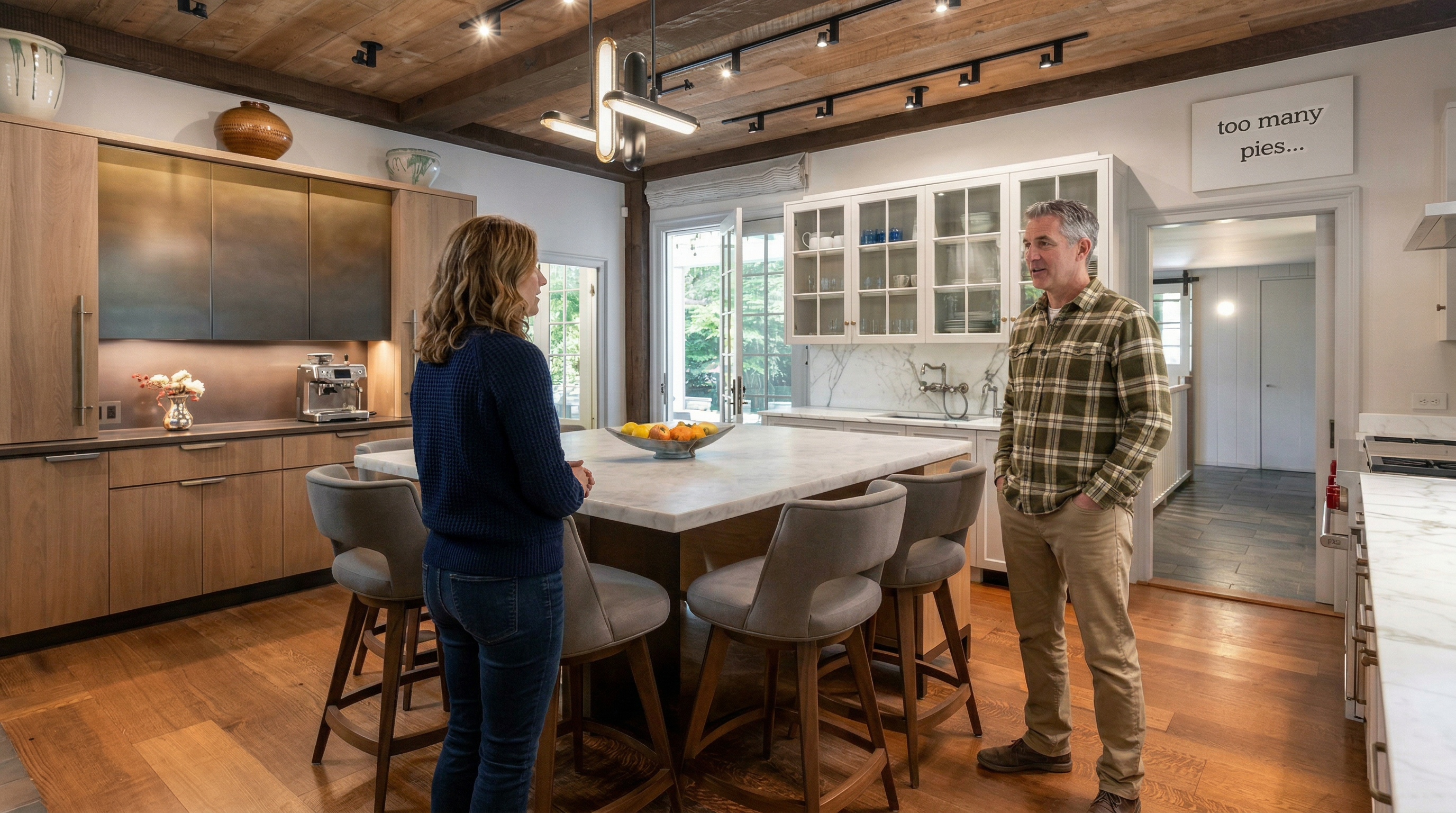 This sophisticated, rustic-modern kitchen features a large central island with a marble countertop and four grey upholstered bar stools. The space is defined by warm wood flooring, a reclaimed wood ceiling with exposed beams, and a mix of sleek wood and white cabinetry. A whimsical sign above the doorway adds character to this well-lit, high-end culinary space.