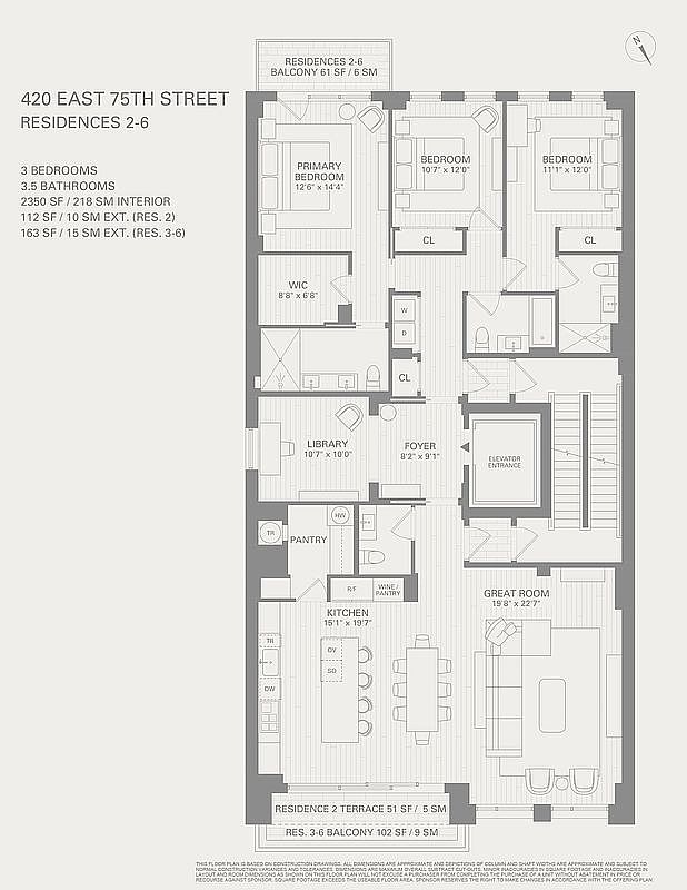 This image showcases a detailed floor plan of a residence, featuring 3 bedrooms and 3.5 bathrooms. The layout includes a primary bedroom with a walk-in closet, a library, a spacious great room, and a kitchen with a pantry and wine storage. The floor plan also indicates the dimensions of each room and the overall square footage of the interior and exterior spaces, including balconies and terraces.
