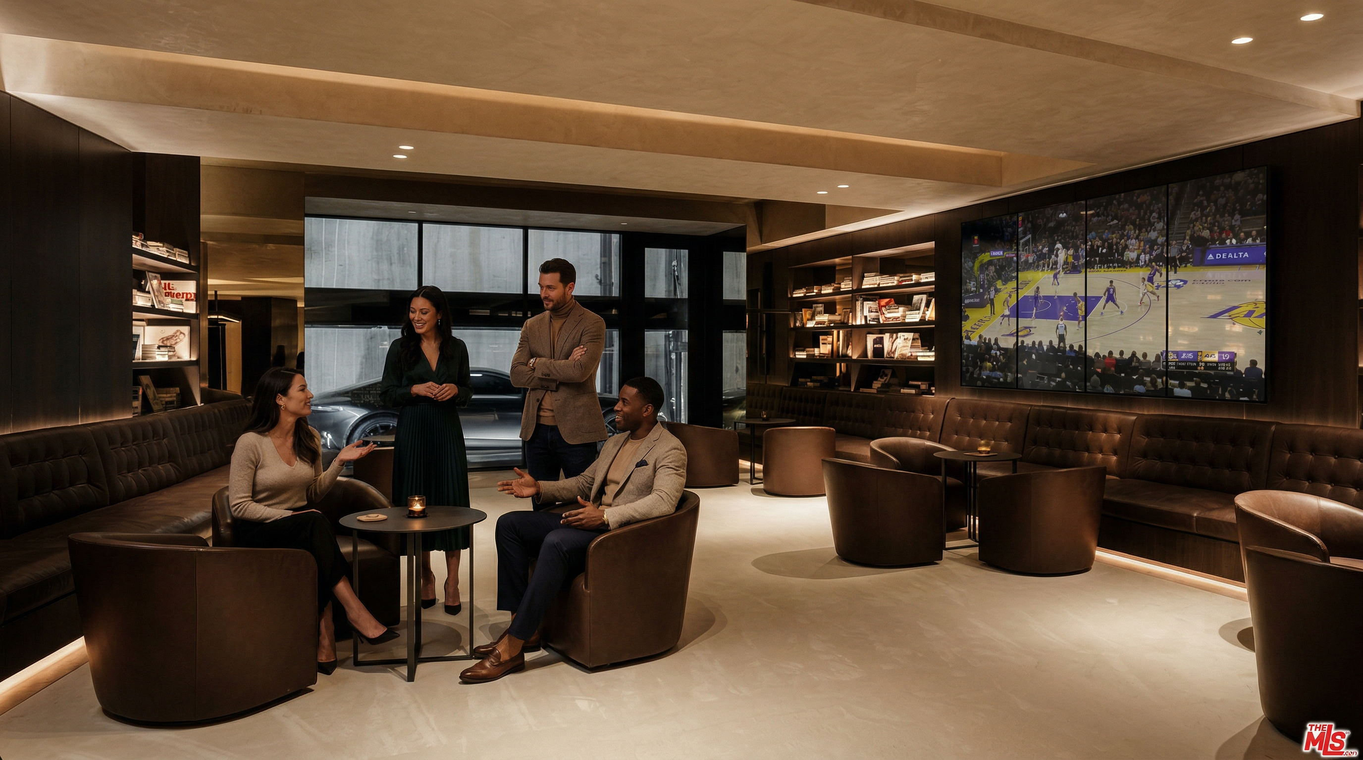 This sophisticated, lounge-style basement features a sleek, modern aesthetic with dark leather seating, built-in shelving, and a large wall-mounted television displaying a sports game. A unique glass wall provides a direct view into an adjacent garage, showcasing a luxury vehicle as a design element. The space is illuminated by recessed lighting and under-shelf LEDs, creating an upscale, cinematic atmosphere perfect for entertainment.