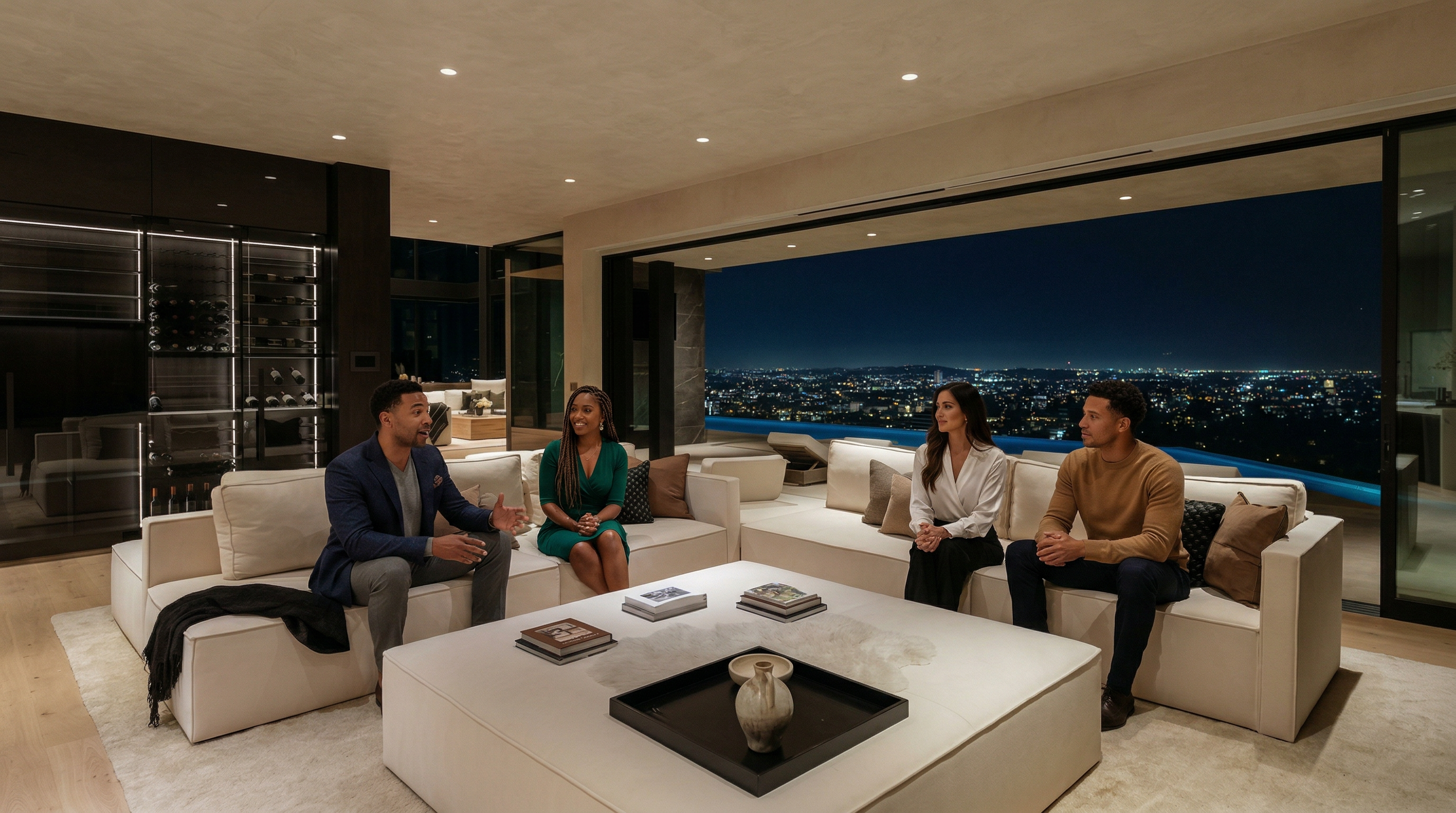 This sophisticated, modern living room features a large, plush L-shaped sectional sofa centered around a massive, low-profile square ottoman. The room is defined by its seamless transition to an expansive outdoor terrace, offering a breathtaking, panoramic night view of the city skyline. To the left, a sleek, floor-to-ceiling glass-enclosed wine display adds a touch of luxury, while recessed lighting and neutral tones create an elegant, tranquil atmosphere.