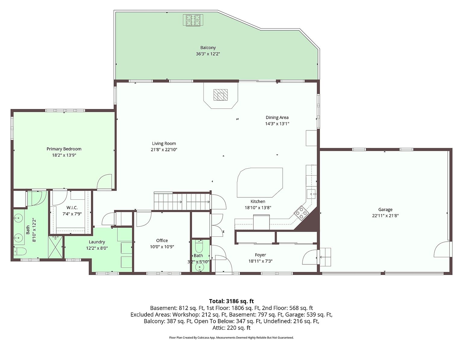 This image is a detailed 2D floor plan of a residential property, illustrating the layout of the main level including a primary bedroom, living room, kitchen, dining area, office, and laundry room. The plan features a large balcony at the rear, a two-car garage, and a central foyer, with dimensions provided for each room. It serves as a comprehensive architectural overview of the home's spatial configuration and flow.