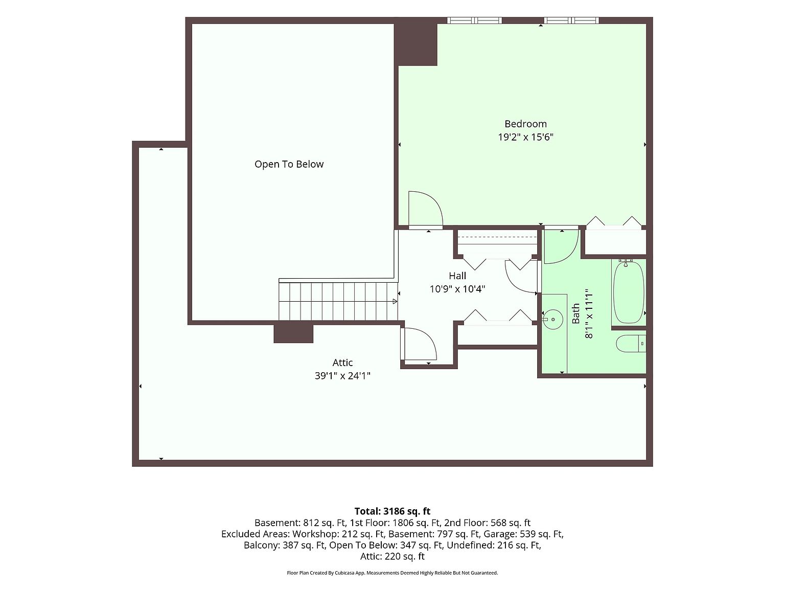 This is a 2D floor plan illustration showing the layout of an upper level, including a bedroom, a bathroom, a hallway, and a large attic space. The diagram also features an 'Open To Below' area, providing a spatial perspective of the home's vertical design. The layout is presented in a clean, technical format with dimensions clearly labeled for each room.