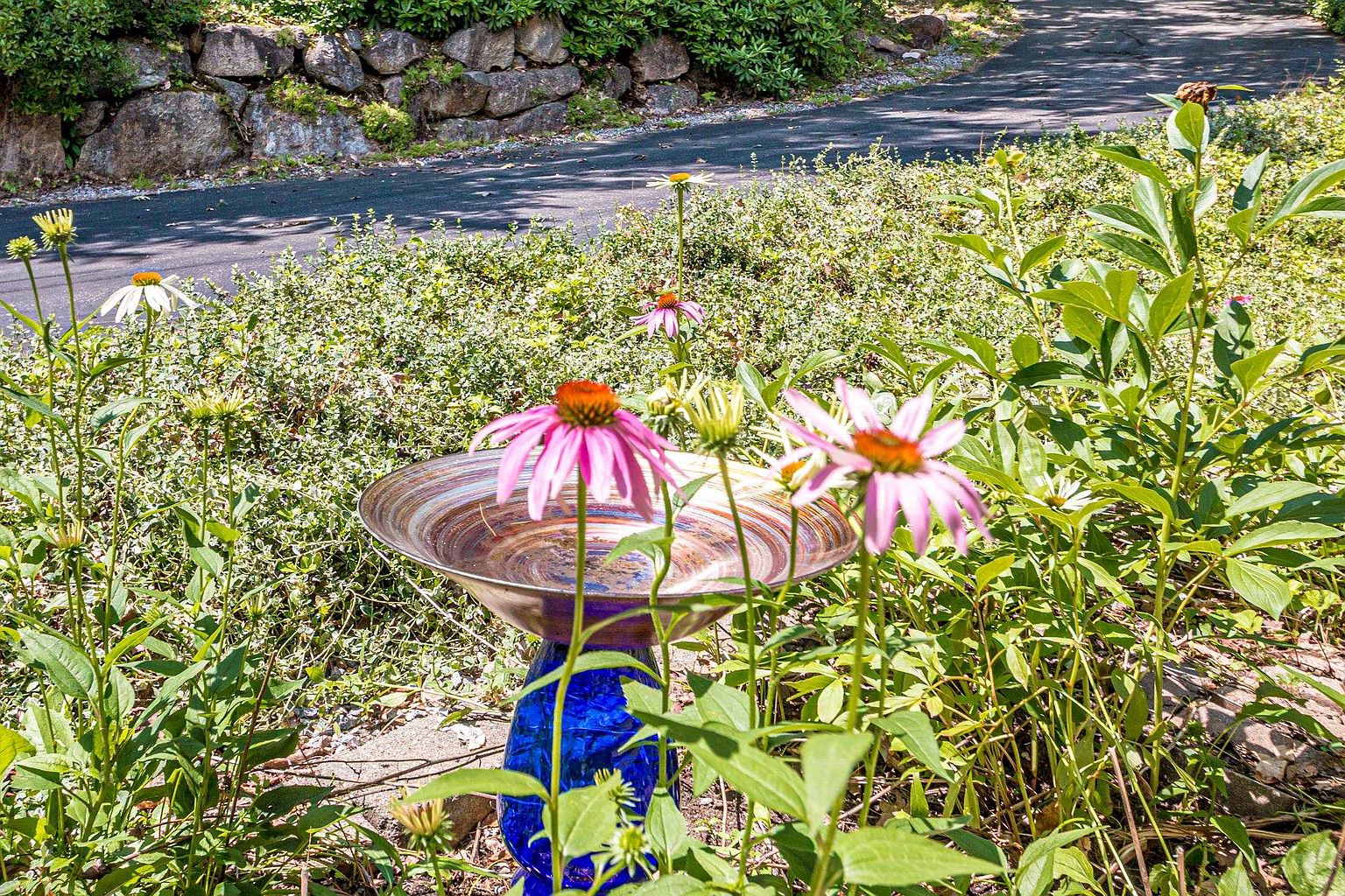 This garden scene features a vibrant blue glass birdbath as a focal point, surrounded by blooming purple coneflowers and lush green foliage. In the background, a paved driveway curves past a rustic stone retaining wall, creating a peaceful and well-maintained outdoor setting. The perspective is a close-up, eye-level shot that highlights the natural beauty and landscaping details of the property.