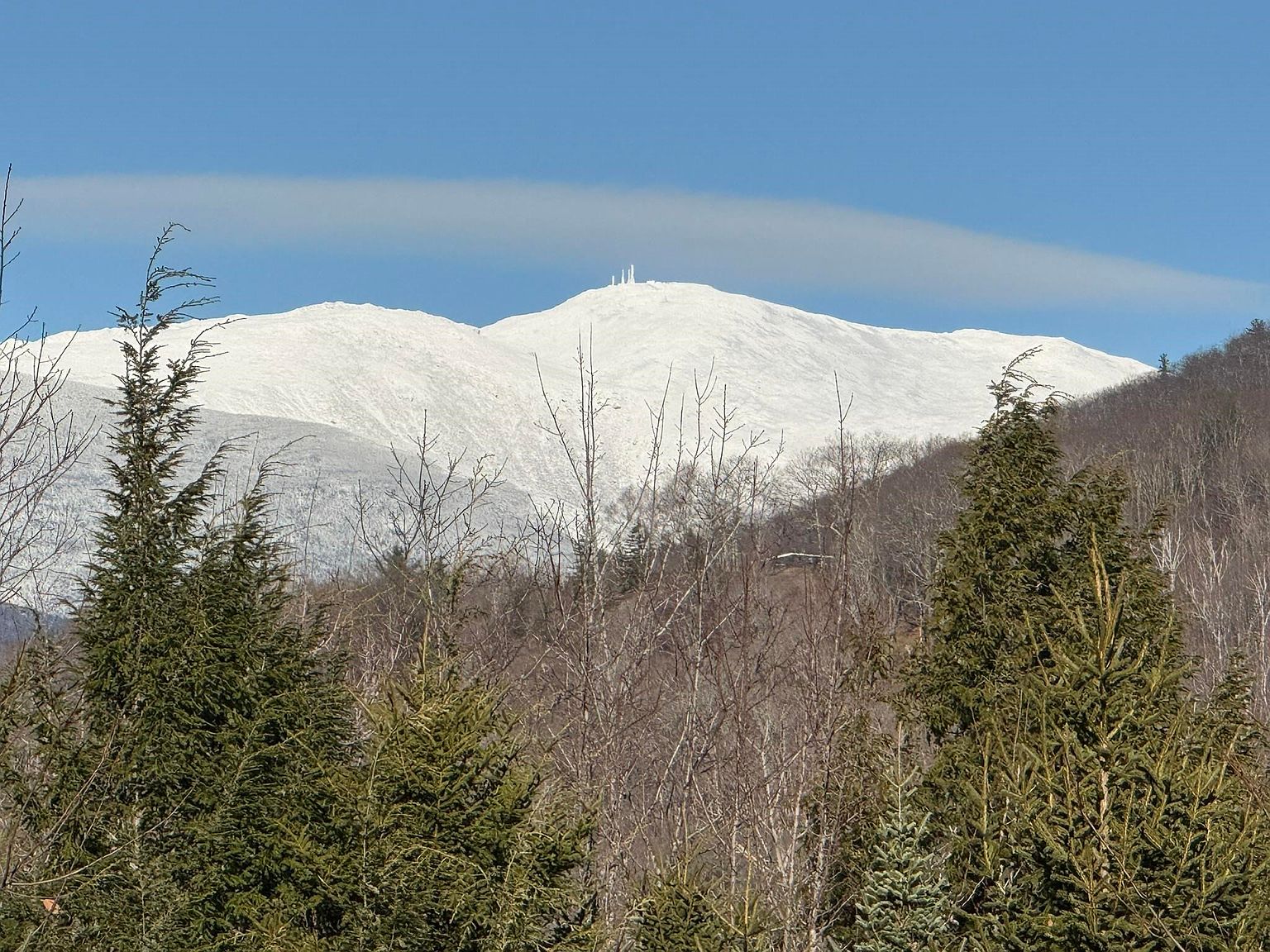 This scenic landscape shot captures a majestic, snow-capped mountain peak under a clear blue sky, viewed from a slightly elevated vantage point. In the foreground, a dense cluster of evergreen trees and bare deciduous branches frames the view, providing a sense of depth and natural scale. The composition emphasizes the rugged beauty of the mountain, making it an ideal visual for a property listing that highlights proximity to nature and outdoor recreation.
