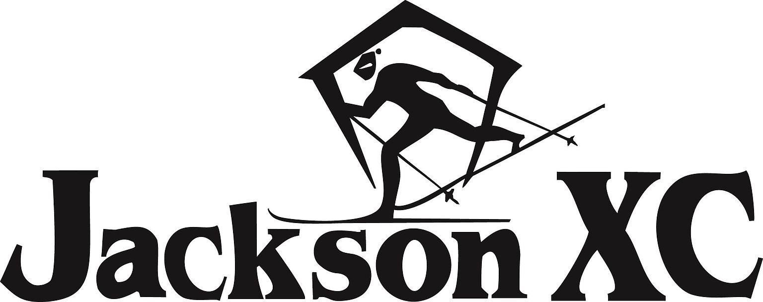 This image is a graphic logo for Jackson XC, featuring a stylized silhouette of a cross-country skier in motion. The skier is framed within a geometric, diamond-like shape, with the text 'Jackson XC' positioned prominently below in a bold, serif font. The design is presented in high-contrast black on a white background, conveying a professional and athletic brand identity.