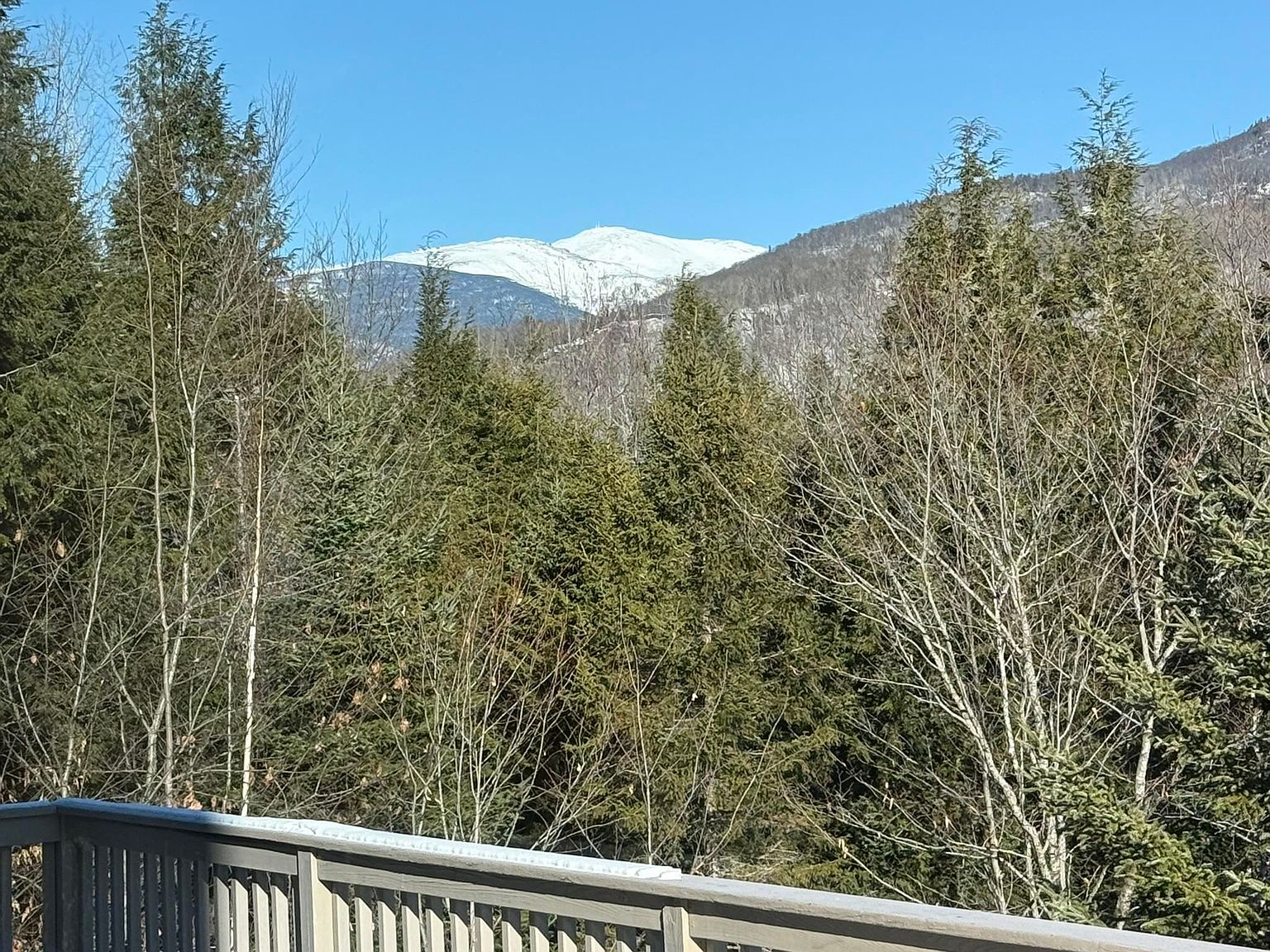 This image captures a scenic view from a wooden deck, looking out over a dense forest of evergreen and deciduous trees. In the distance, a prominent snow-capped mountain peak rises against a clear, bright blue sky. The foreground features the clean lines of a wooden railing, emphasizing the elevated vantage point and the tranquil, natural setting of the property.