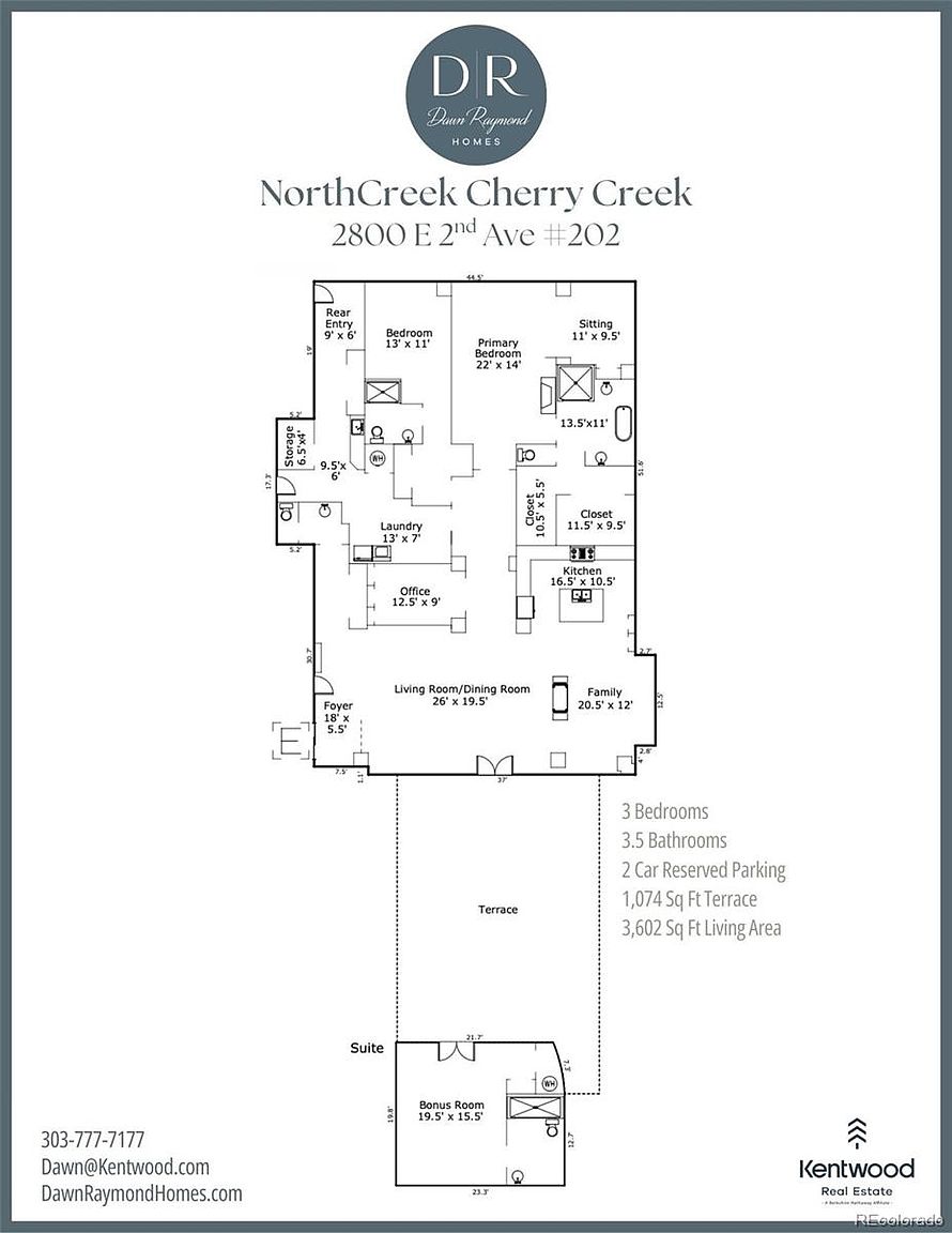 This image showcases a detailed floor plan of a residential property, highlighting the layout of rooms such as the primary bedroom, kitchen, living/dining area, and bonus room. The plan also indicates dimensions and features like closets, bathrooms, and a terrace, providing a comprehensive overview of the property's spatial arrangement and size.