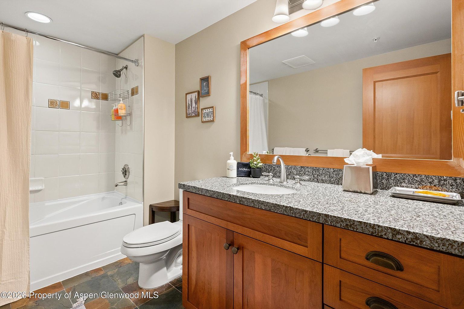 This is a well-lit bathroom featuring a granite countertop vanity with wooden cabinets, a large mirror, and a sink. A toilet is positioned next to the vanity, and a bathtub with a shower is visible in the background. The bathroom has a clean and functional design, suitable for a guest or secondary bathroom.