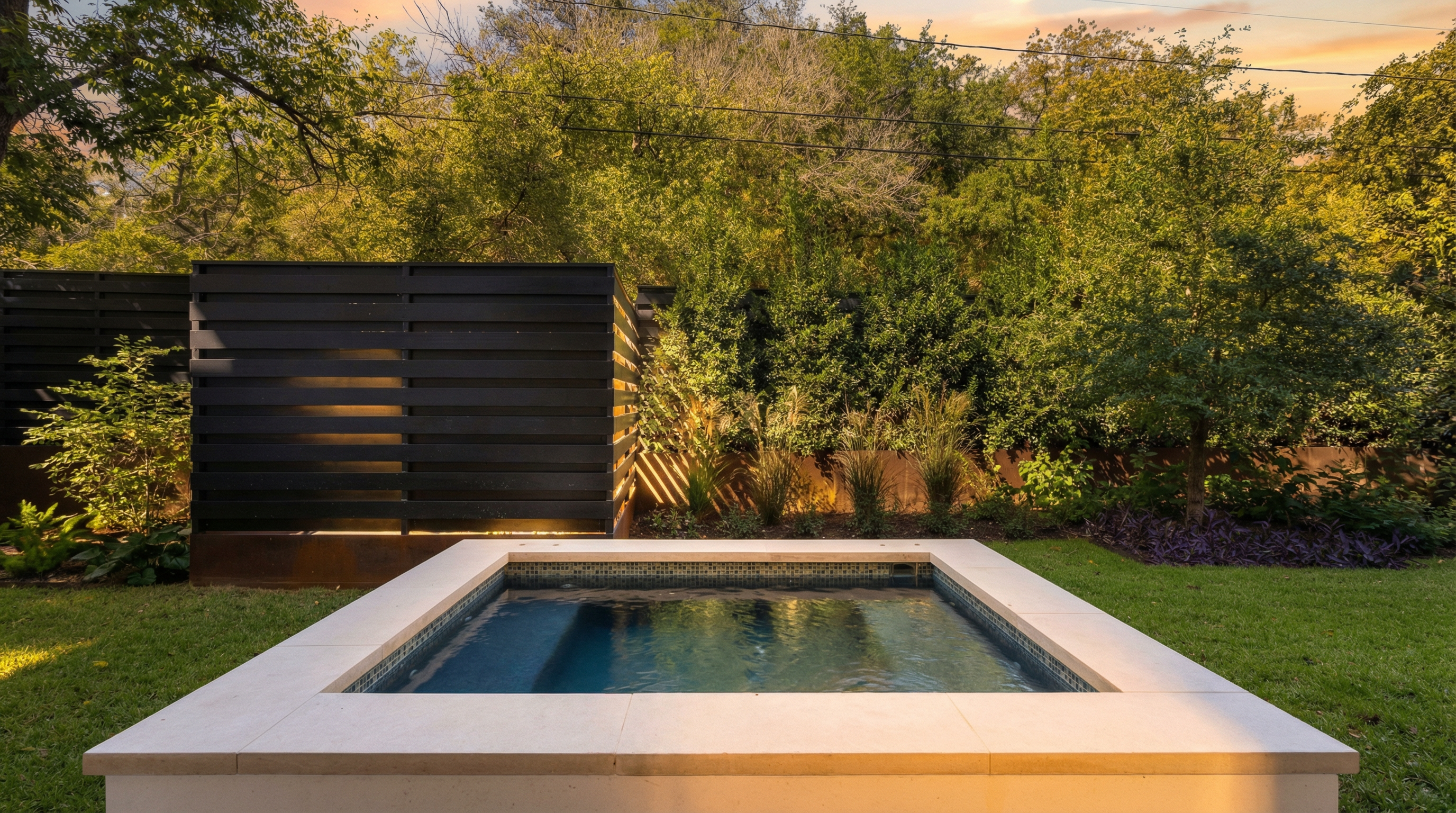 This image showcases a modern spa or small pool in a backyard setting. The pool features a light-colored stone surround and dark blue tile, contrasting with the green lawn. A dark horizontal fence and lush greenery provide privacy, creating a serene and inviting outdoor space.