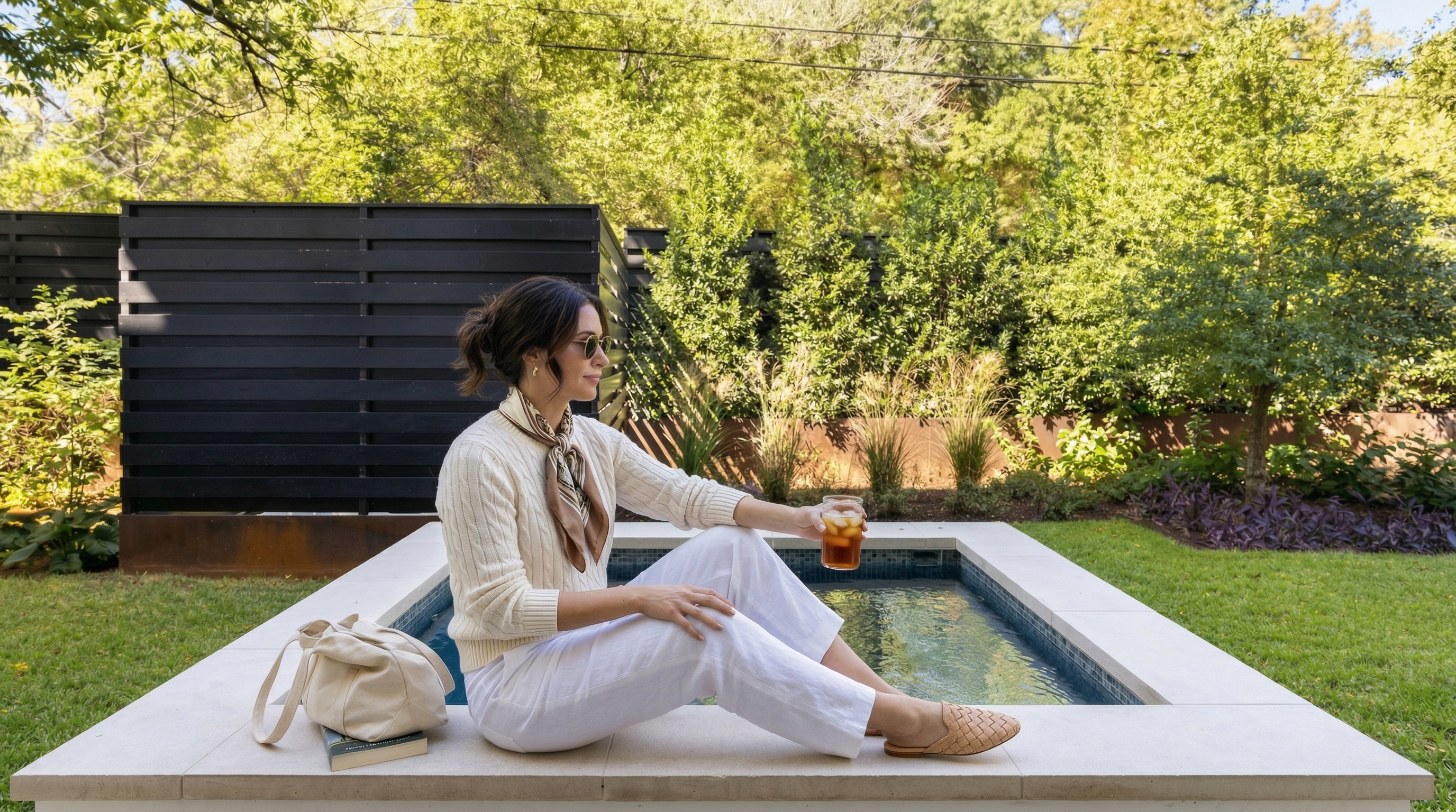 This outdoor space features a sleek, minimalist plunge pool or spa encased in a clean stone border, perfect for relaxation. A modern black slatted privacy screen provides a contemporary backdrop, complemented by lush, mature landscaping and greenery. The inviting setup, complete with a natural setting and refined materials, creates a high-end, serene retreat ideal for quiet enjoyment.