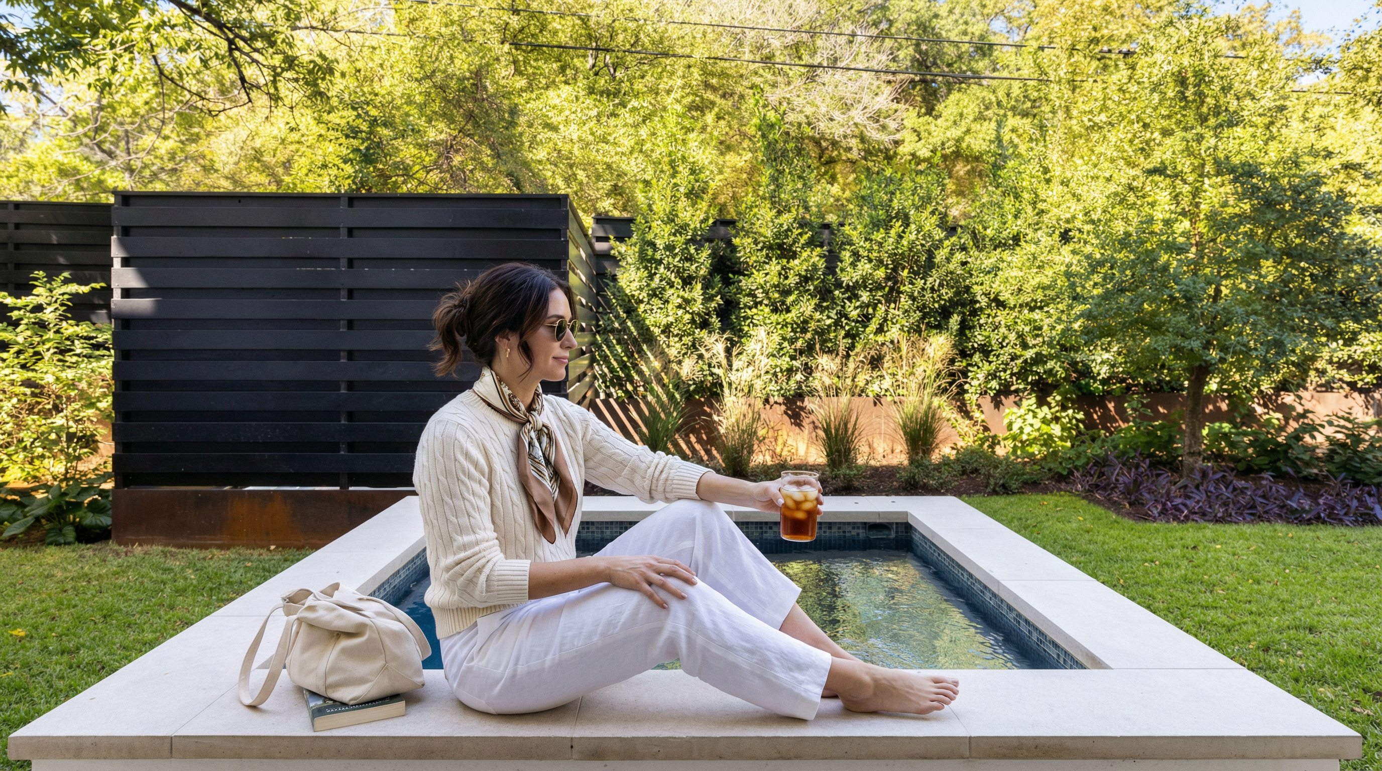 This image showcases a tranquil backyard oasis featuring a modern, clean-lined plunge pool or spa with light-colored stone coping. The setting is framed by lush, mature greenery and a contemporary horizontal-slatted privacy fence, creating a sophisticated and relaxing outdoor living space. It is an inviting spot for leisure, perfect for highlighting the home's curated exterior amenities.