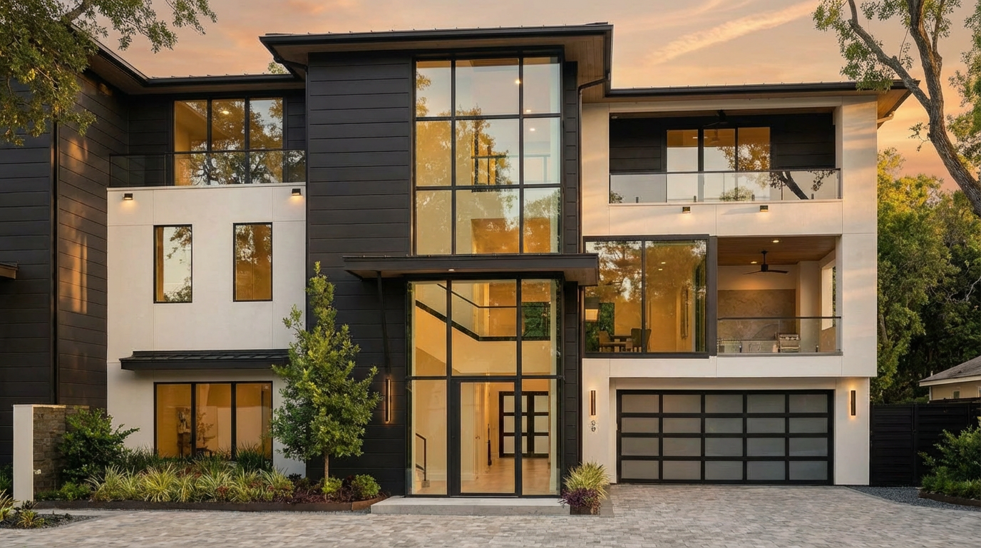This is a striking front view of a modern two-story home. It features a blend of white stucco and dark gray siding, with expansive windows and a contemporary entry framed in glass. A stylish garage door and manicured landscaping enhance the property's curb appeal.