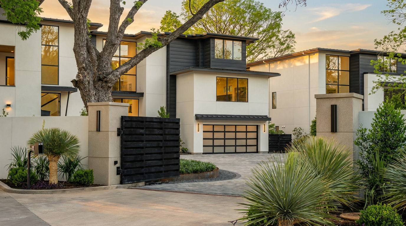 This is a front exterior view of a modern home showcasing a sleek design with a combination of light-colored stucco and dark accents. The property features a gated entrance, a well-manicured front yard with various plants, and a contemporary garage door. The overall impression is one of sophisticated, upscale living.