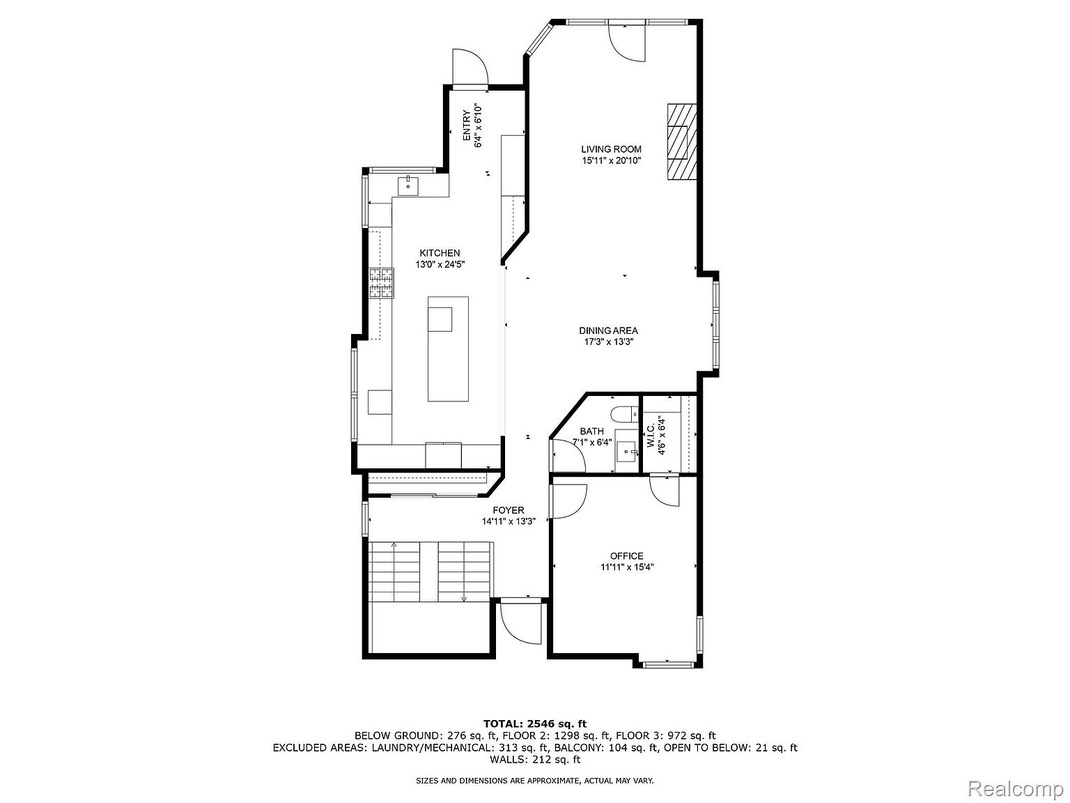 This image presents a detailed floor plan of a house, showcasing the layout of rooms such as the kitchen, living room, dining area, office, foyer, entry, bath, and walk-in closet. Dimensions are provided for each room, offering a clear understanding of the space and flow within the home. The plan indicates a total area of 2546 sq. ft.