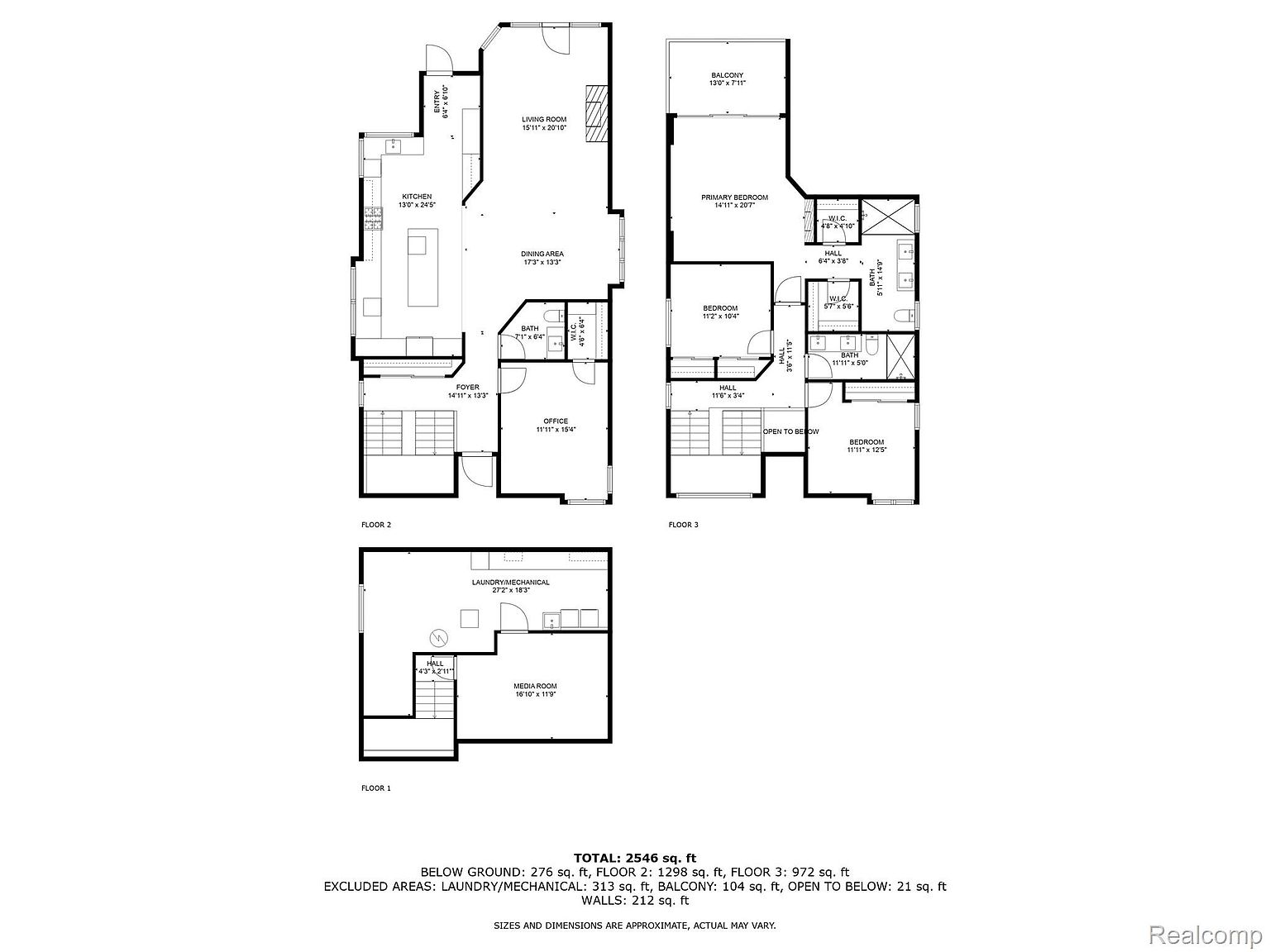 This image showcases a detailed floor plan of a multi-story house, including the layout of each room on floors 1, 2, and 3. The plan includes dimensions for rooms such as the living room, kitchen, bedrooms, and bathrooms, as well as features like a balcony and laundry/mechanical room. The floor plan provides a comprehensive overview of the property's layout and spatial relationships.