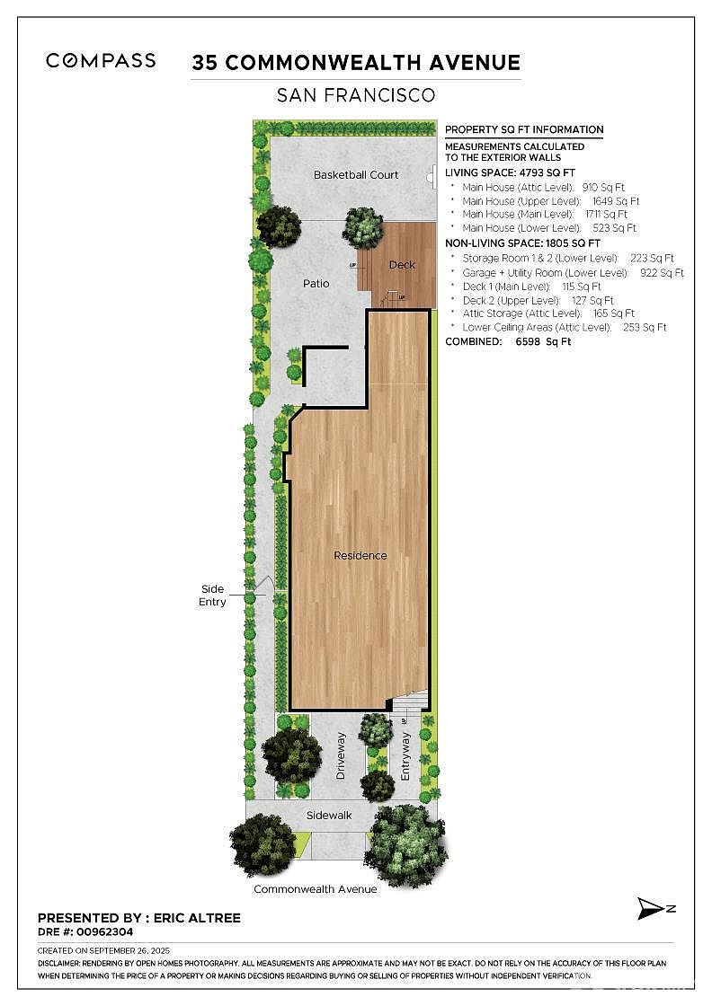 This image presents a detailed floor plan of a property located at 35 Commonwealth Avenue in San Francisco. The plan outlines the layout of the residence, including features like a basketball court, patio, deck, driveway, and entryway, along with the main house and its various levels. The property square footage information is also provided, detailing both living and non-living spaces.