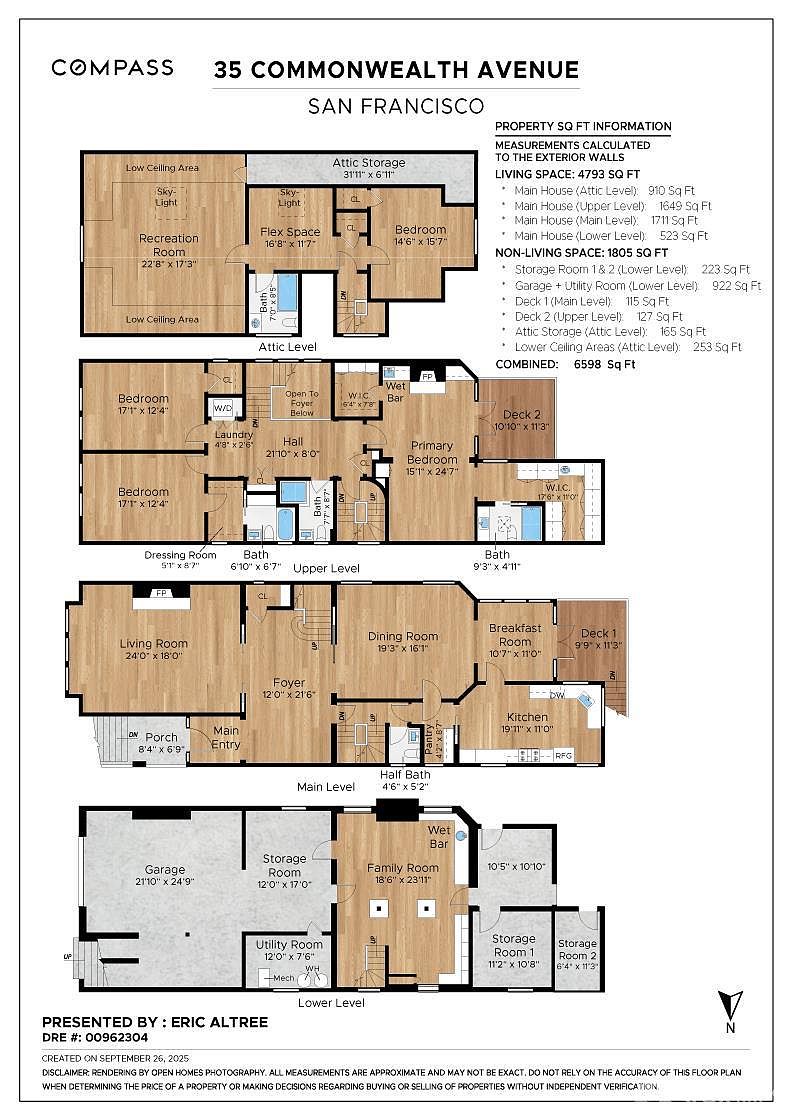 This image presents a detailed floor plan of a multi-level house, including the attic, upper, main, and lower levels. The plan outlines room dimensions and layouts, such as the living room, bedrooms, kitchen, and garage, providing a comprehensive overview of the property's structure and spatial arrangement. The floor plan also includes square footage information for living and non-living spaces.