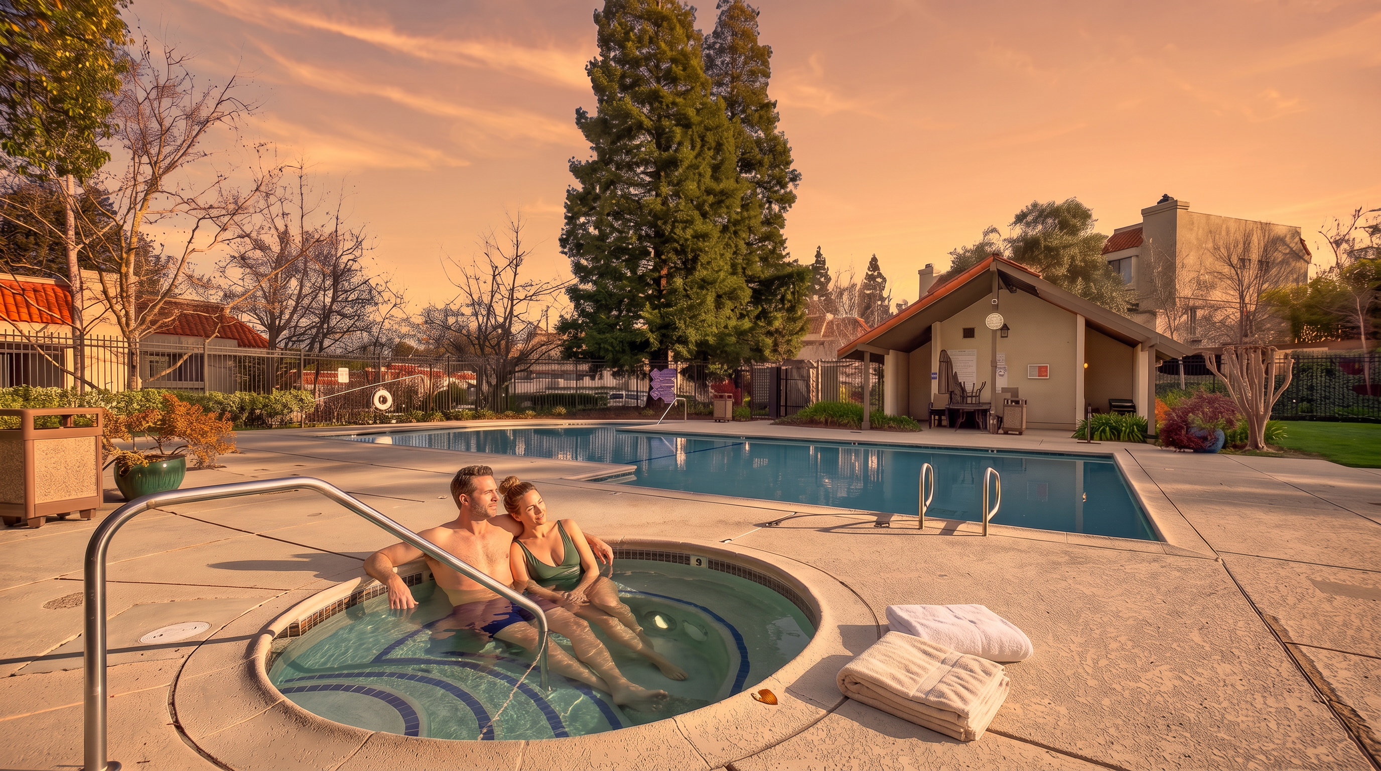 This community amenity area features a large, rectangular swimming pool adjacent to a circular hot tub, both set within a spacious concrete deck. A covered pavilion with outdoor seating provides a shaded retreat, while mature trees and manicured landscaping frame the perimeter. The scene is captured from a low-angle perspective, emphasizing the inviting recreational space available to residents.