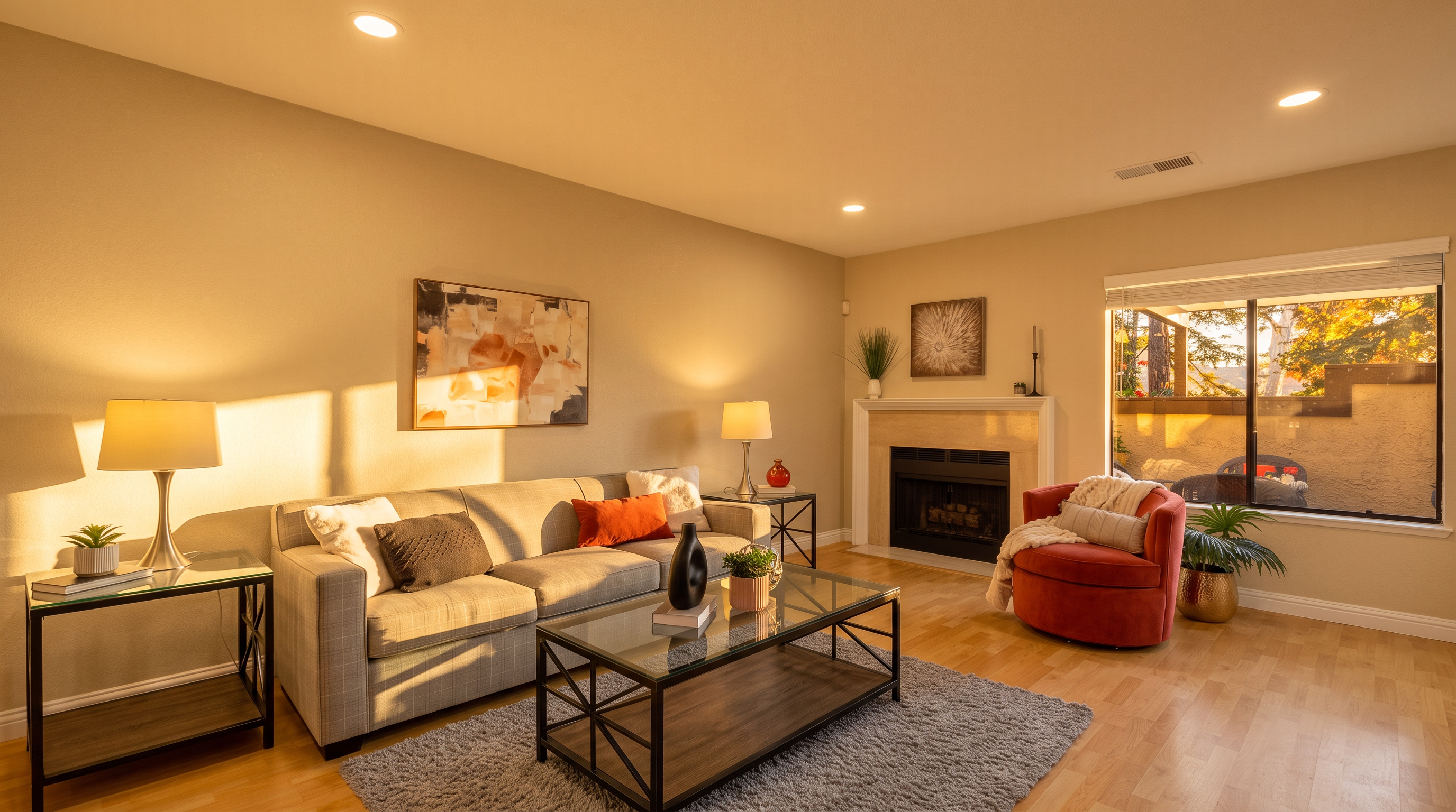 This bright and inviting living room features a neutral color palette with a light gray plaid sofa accented by red and black throw pillows. A glass-topped coffee table sits on a textured gray area rug, while a cozy red armchair is positioned near a fireplace with a light-colored surround. The space is well-lit by recessed lighting and a large window that provides a view of the outdoor patio area.