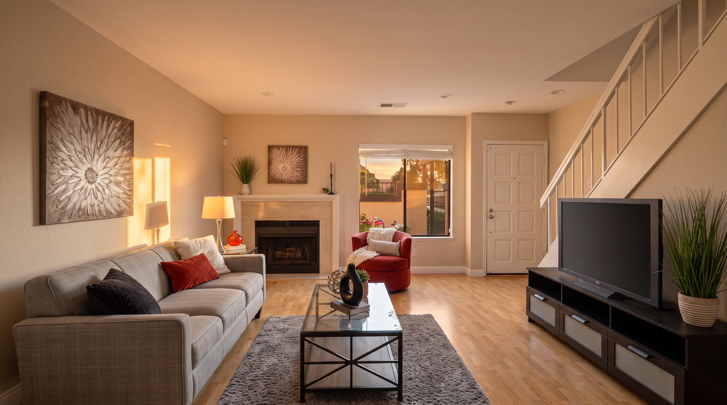 This bright and inviting living room features light wood flooring, a gray sofa with accent pillows, and a glass-topped coffee table centered on a textured rug. A fireplace with a mantel serves as a focal point, complemented by a red armchair near the window and a television mounted on a black media console. The space is open and airy, with a staircase visible in the background and neutral wall tones that create a clean, modern aesthetic.