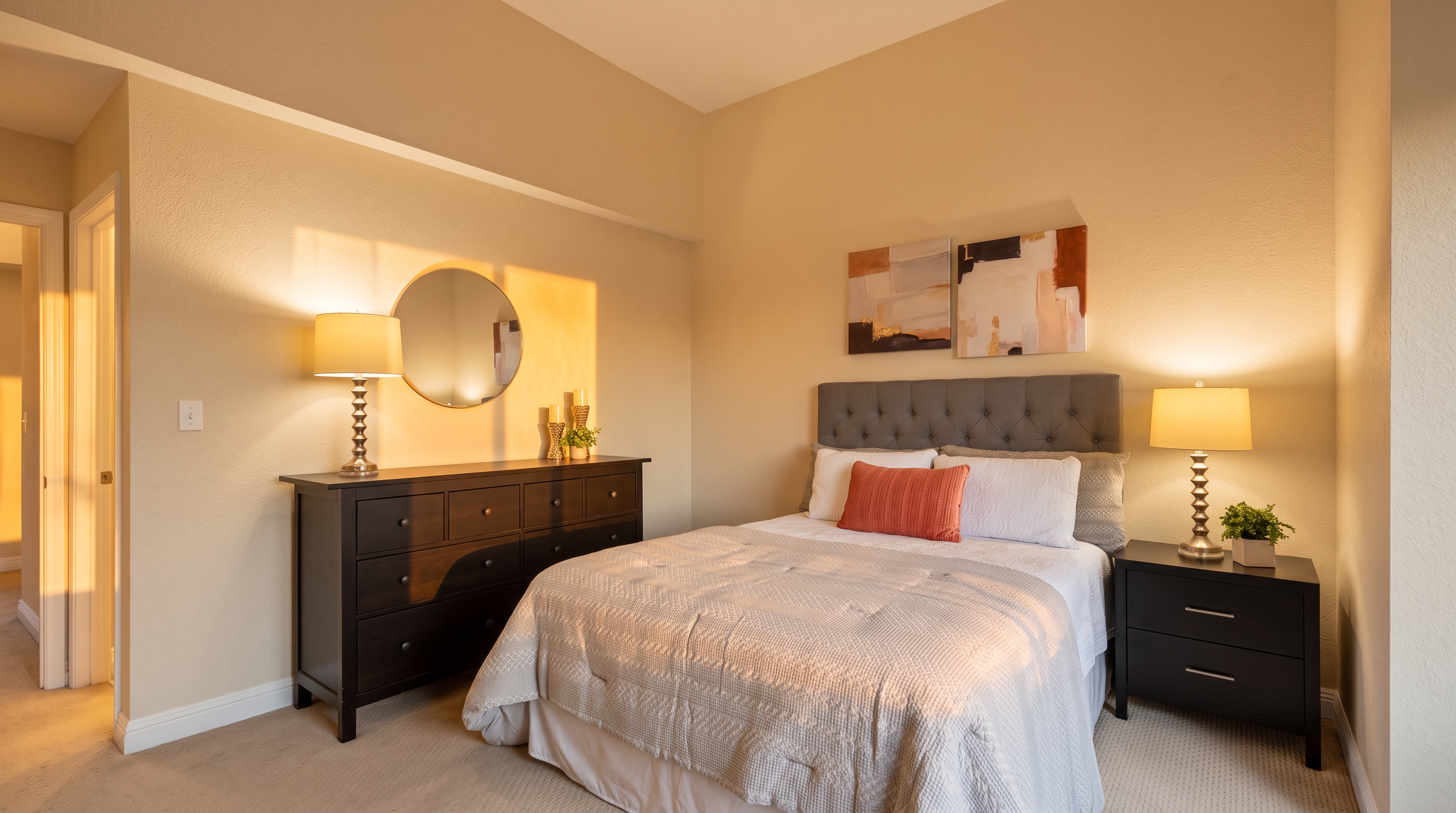 This well-appointed bedroom features a neutral color palette, a tufted gray headboard, and a comfortable bed dressed in light-toned bedding with a decorative coral accent pillow. To the left, a dark wood dresser provides ample storage, topped with a circular mirror and matching table lamps that create a warm, inviting atmosphere. The room is completed by a matching nightstand and abstract wall art, offering a clean and staged aesthetic suitable for a guest space.