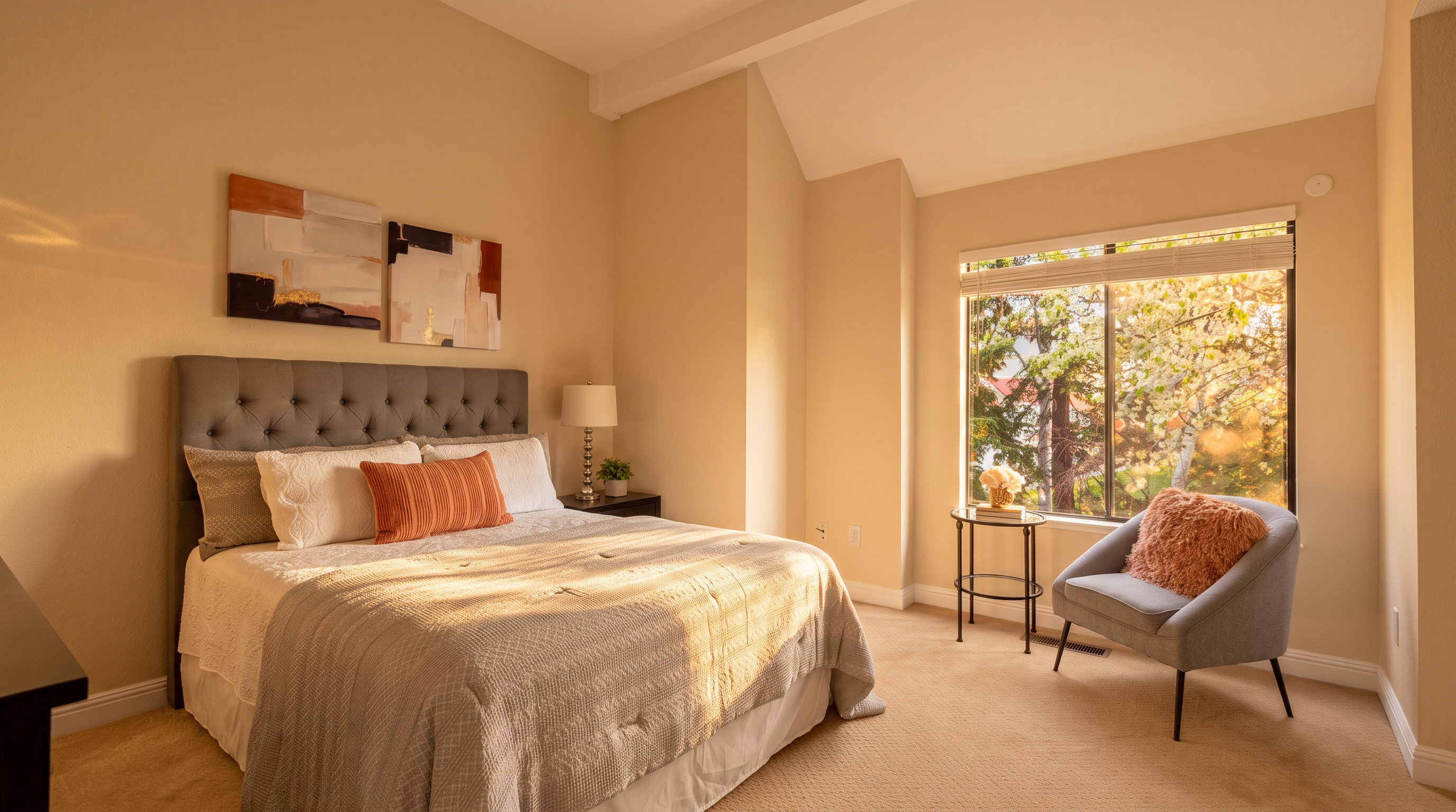 This bright and airy primary bedroom features a tufted gray headboard as the focal point, complemented by neutral bedding and a vibrant orange accent pillow. A cozy gray armchair sits near a large window that provides ample natural light and a view of the surrounding trees. The room is finished with light-toned walls and carpet, creating a clean, inviting, and tranquil atmosphere.