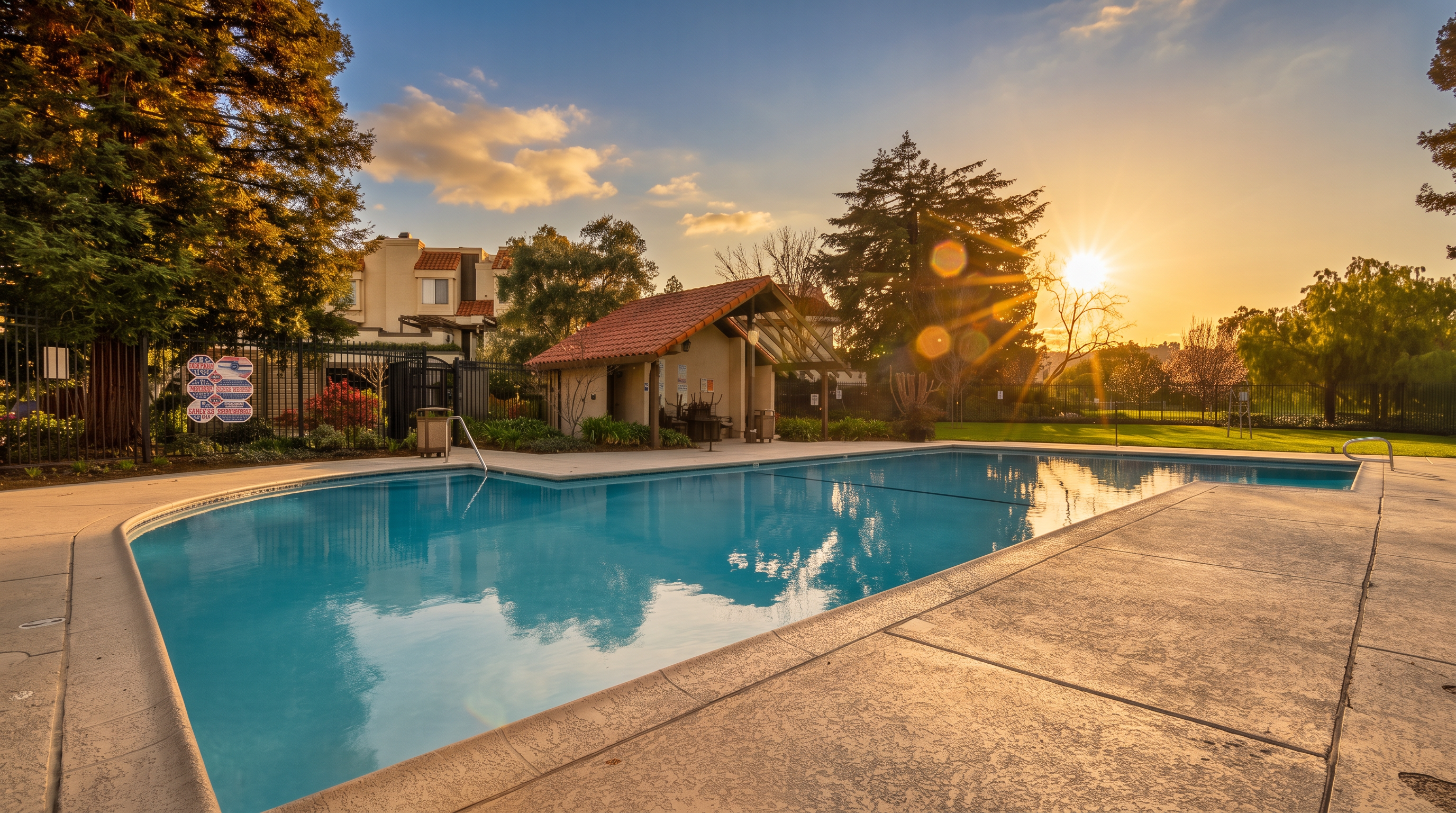 This image captures a serene community swimming pool on a bright, sunny day, featuring a clear blue water surface and a surrounding concrete deck. In the background, a small, open-air pavilion with a terracotta-tiled roof provides a shaded area, while mature trees and a manicured lawn frame the scene. The perspective is from the pool deck, looking across the water toward the pavilion, creating an inviting and tranquil atmosphere.