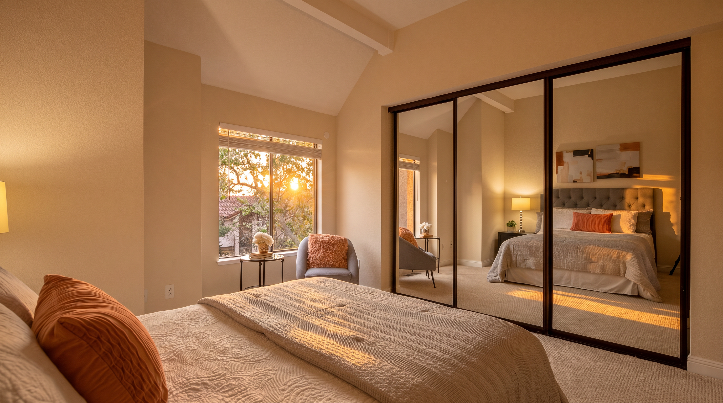 This bright and airy primary bedroom features a vaulted ceiling and a large window that allows for ample natural light. The room is furnished with a comfortable bed topped with textured bedding and a soft accent pillow, complemented by a cozy armchair and a small side table near the window. A large, multi-panel mirrored closet door reflects the rest of the room, creating a sense of depth and spaciousness.