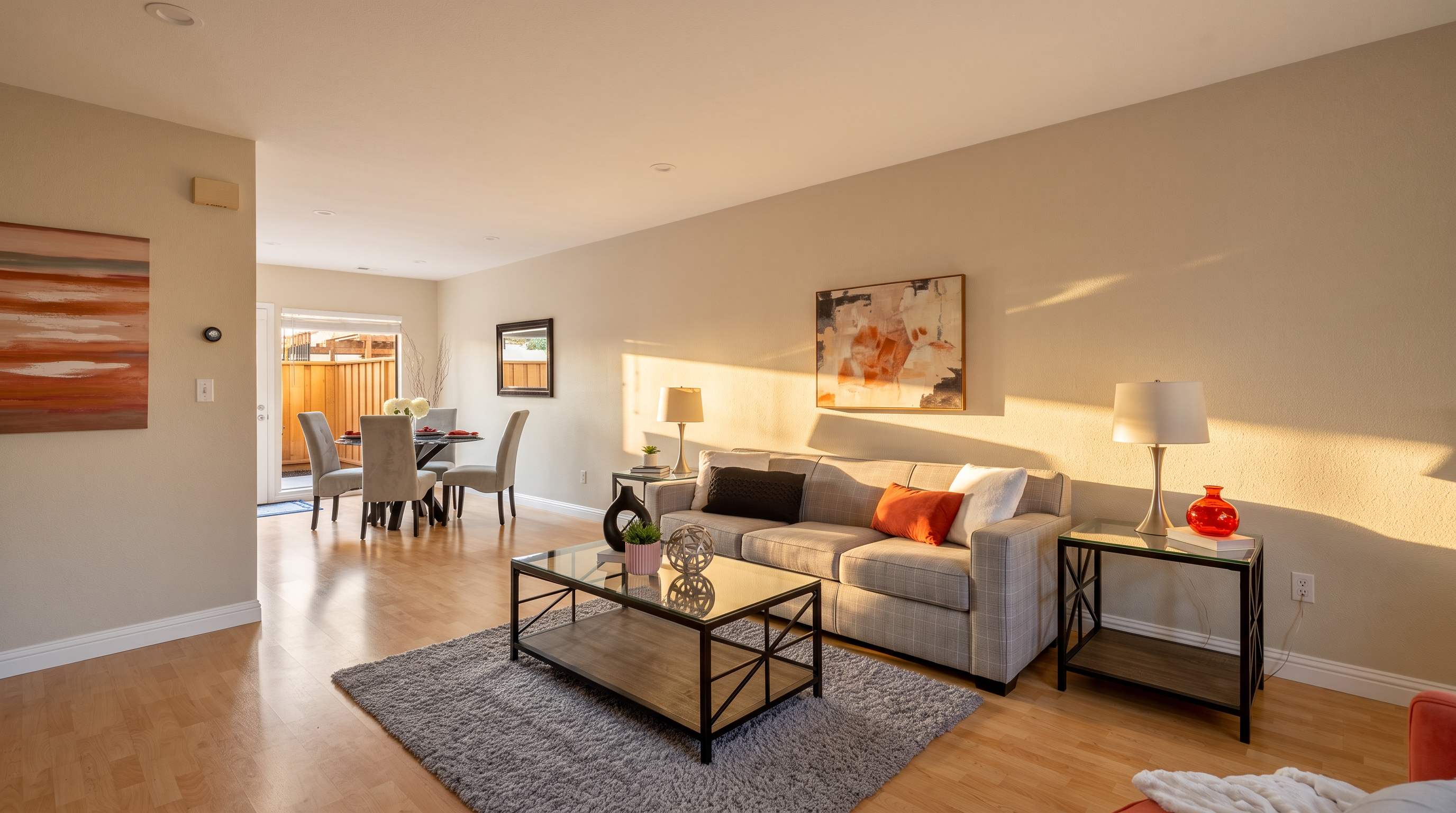 This open-concept living room features light wood flooring and a neutral color palette, anchored by a gray plaid sofa and a glass-topped coffee table on a textured gray rug. The space is illuminated by warm table lamps and recessed lighting, with a dining area visible in the background through an open transition. The room is decorated with abstract wall art and a vibrant orange accent chair, creating a welcoming and contemporary atmosphere.