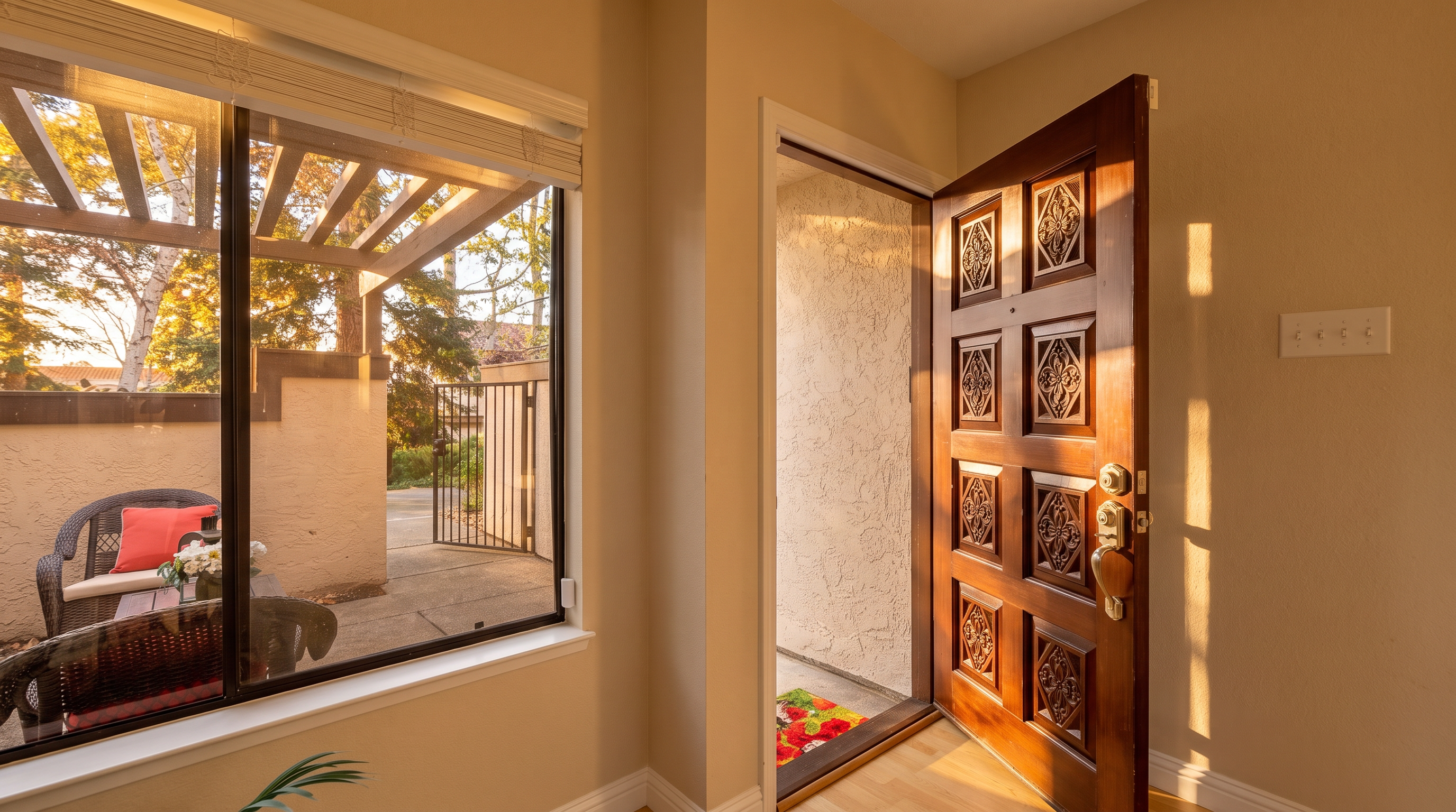This interior entryway features a heavy, dark wood door with ornate carved panels, standing partially open to reveal a glimpse of a private outdoor patio. To the left, a large window provides a clear view of the exterior courtyard, which includes a pergola and patio furniture. The space is finished with light-toned wood flooring and neutral wall paint, creating a bright and welcoming transition area.