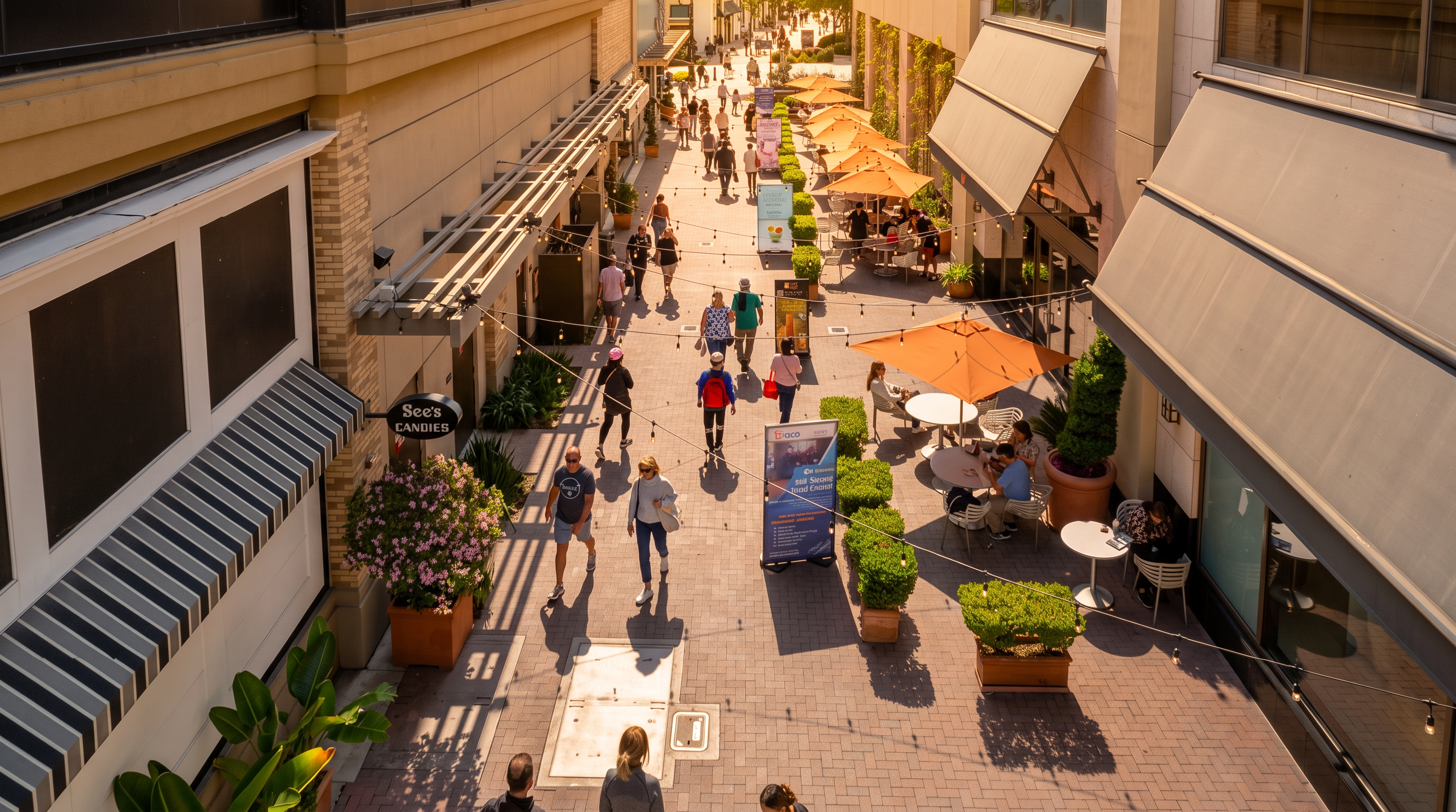 This elevated view captures a lively outdoor pedestrian shopping promenade lined with retail storefronts, outdoor seating areas, and planters. The paved walkway is populated with shoppers, and several orange umbrellas provide shade for guests at sidewalk tables. The architectural design features awnings and multi-story buildings, creating a vibrant, inviting community commercial space.