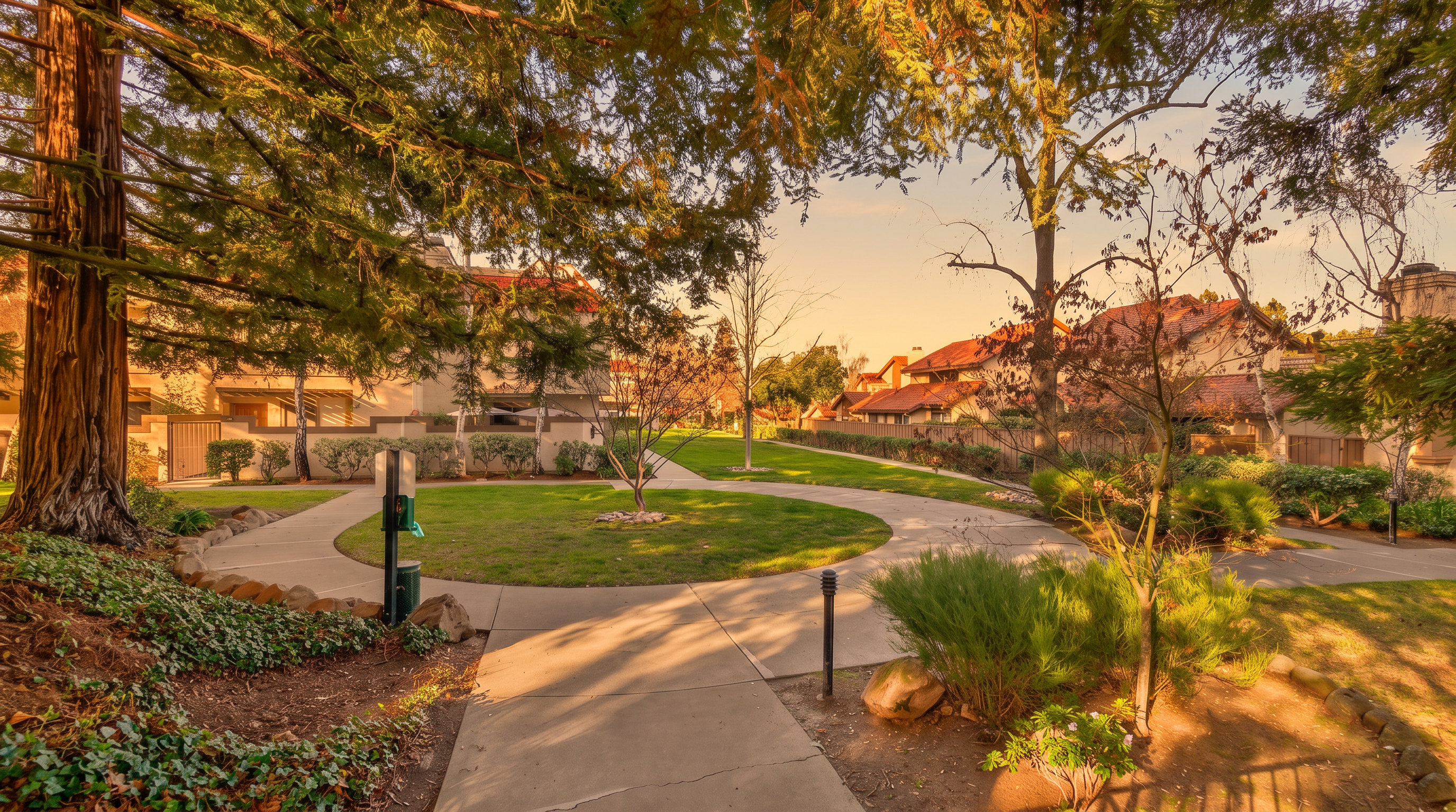 This image captures a well-maintained communal green space within a residential complex, featuring a central circular lawn surrounded by a concrete walking path. Mature trees provide dappled shade over the landscape, while multi-story townhome-style buildings with terracotta-tiled roofs line the perimeter. The perspective is from a ground-level walkway, offering a peaceful and inviting view of the shared outdoor environment.