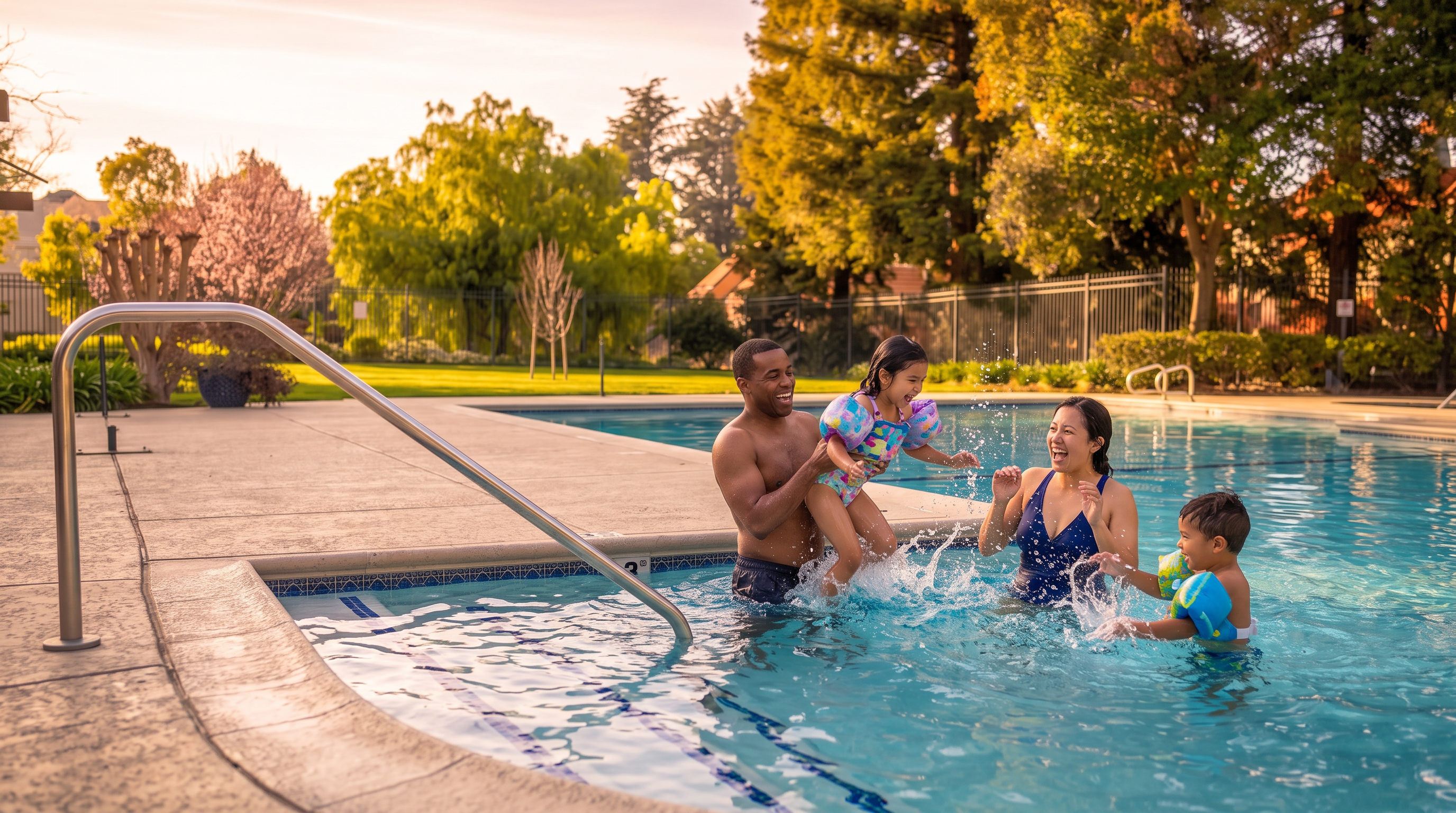 This image captures a serene outdoor swimming pool area, featuring a large, rectangular pool with a rounded entry section and integrated steps. The pool is surrounded by a spacious concrete deck, enclosed by a metal fence that borders a lush, tree-lined landscape. The perspective is from the poolside deck, offering a clear view of the water and the tranquil, park-like setting beyond.