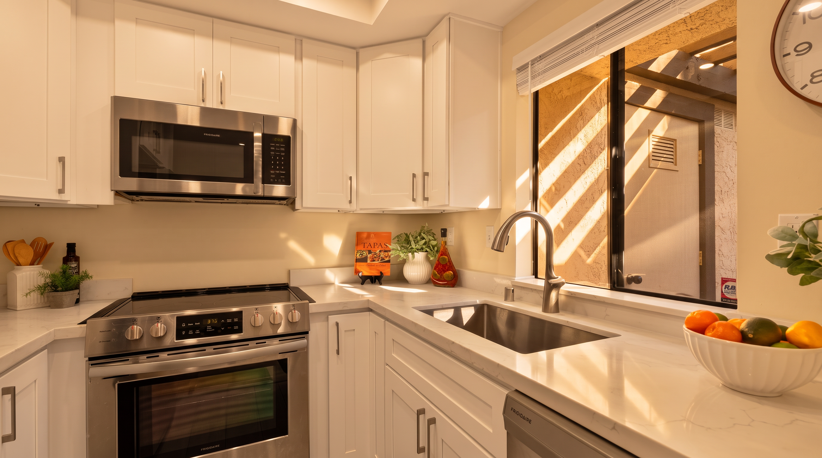 This bright and modern kitchen features crisp white cabinetry paired with sleek stainless steel appliances, including a range and microwave. The space is anchored by light-toned stone countertops and a stainless steel sink positioned beneath a window that allows natural light to filter in. A bowl of fresh fruit sits on the counter, adding a pop of color to the clean, minimalist aesthetic.