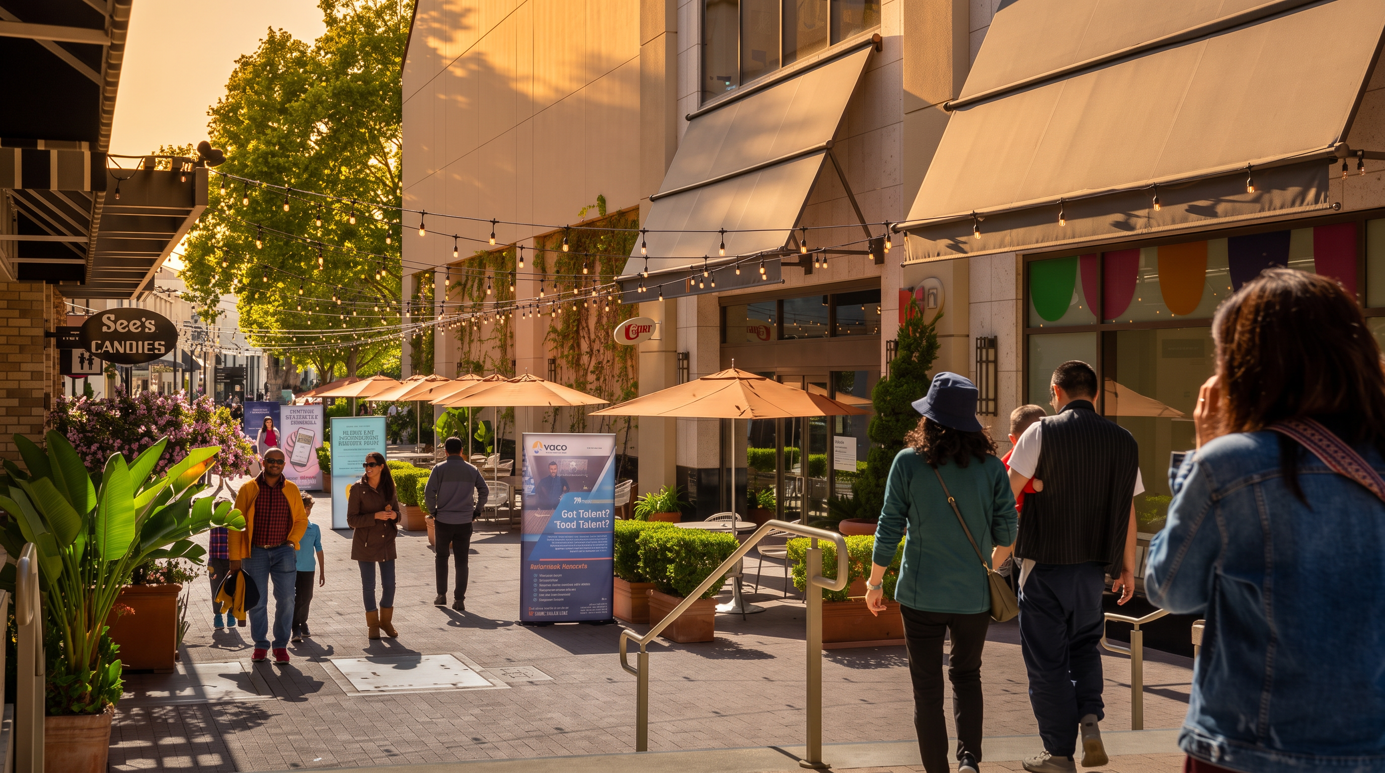 This image showcases a vibrant outdoor pedestrian plaza within a mixed-use commercial or shopping center development. It features a paved walkway lined with potted plants, outdoor seating areas with umbrellas, and string lighting, creating an inviting and well-maintained atmosphere for visitors. The space effectively blends retail storefronts with pedestrian-friendly public areas, reflecting a modern, high-traffic commercial lifestyle setting.