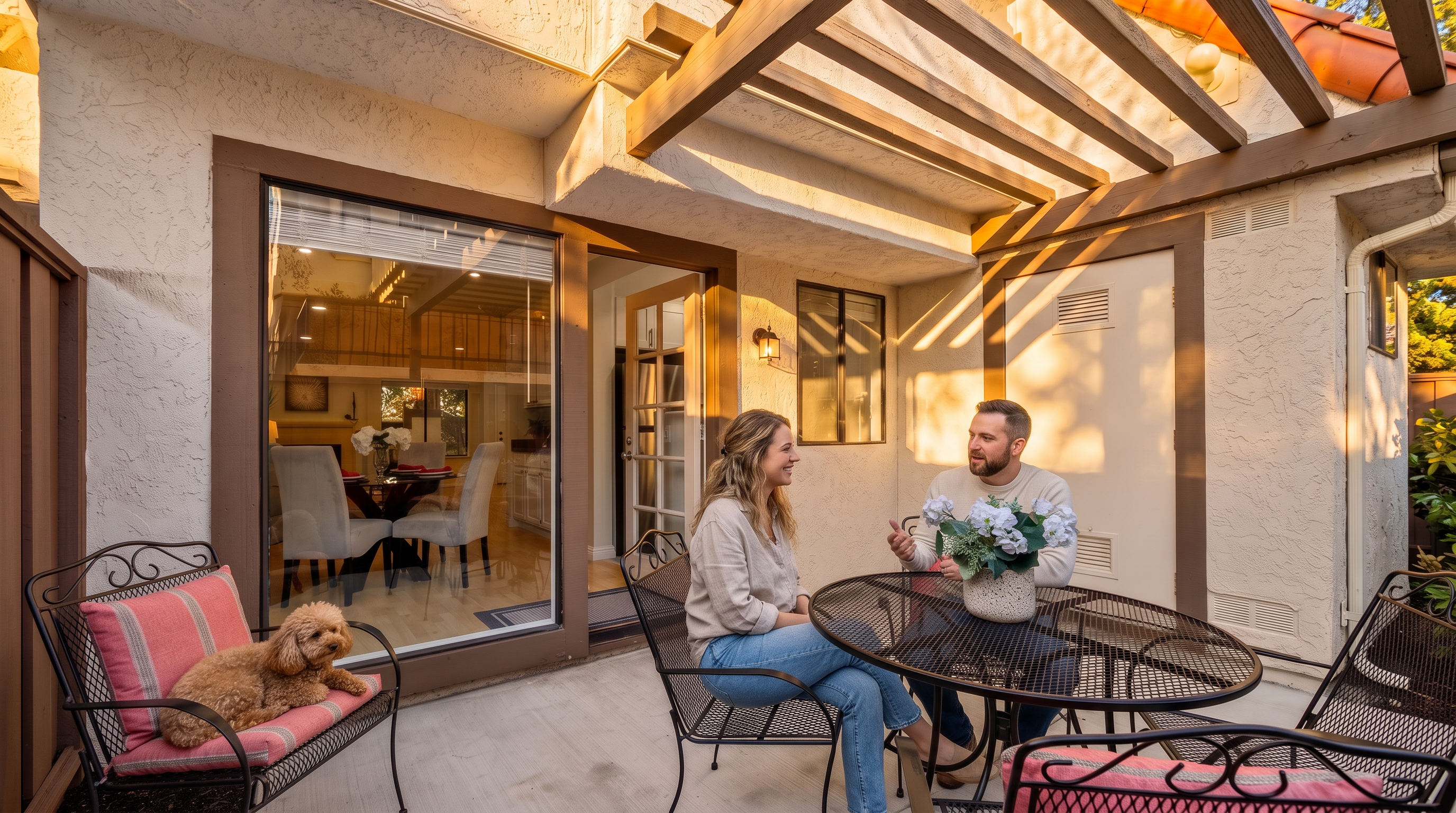 This inviting outdoor patio space features a metal bistro set with pink cushions, perfect for al fresco dining. The area is partially shaded by a wooden pergola and provides a seamless transition to the interior through a large glass sliding door. The neutral-toned stucco walls and concrete flooring create a clean, low-maintenance aesthetic suitable for relaxed outdoor living.