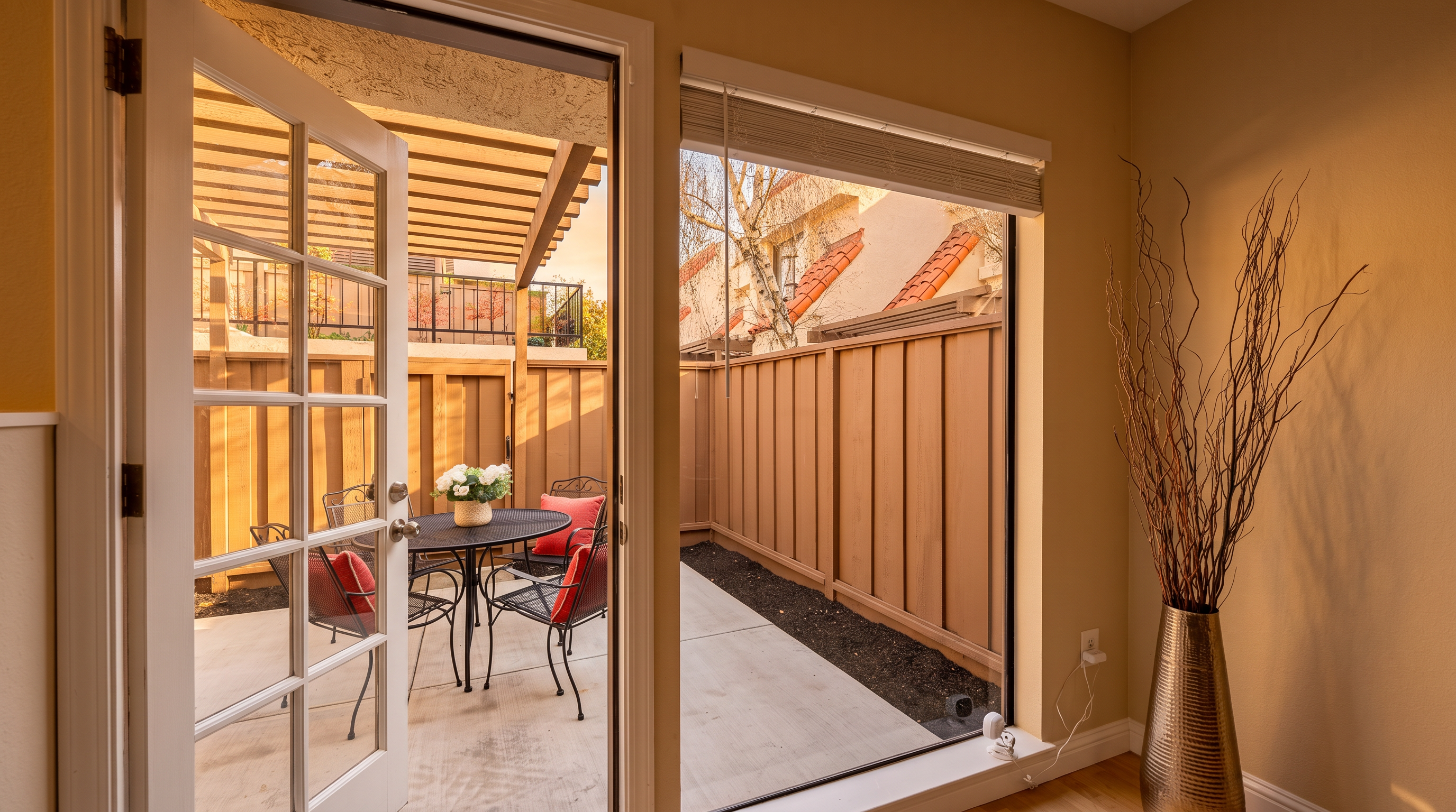 This view from an interior space looks out through a glass-paned door and a large window onto a private, fenced-in concrete patio. The outdoor area is furnished with a small bistro table and chairs, creating an intimate setting for dining or relaxation. A tall, textured metallic vase filled with decorative branches stands in the foreground, adding a touch of organic style to the neutral-toned interior.