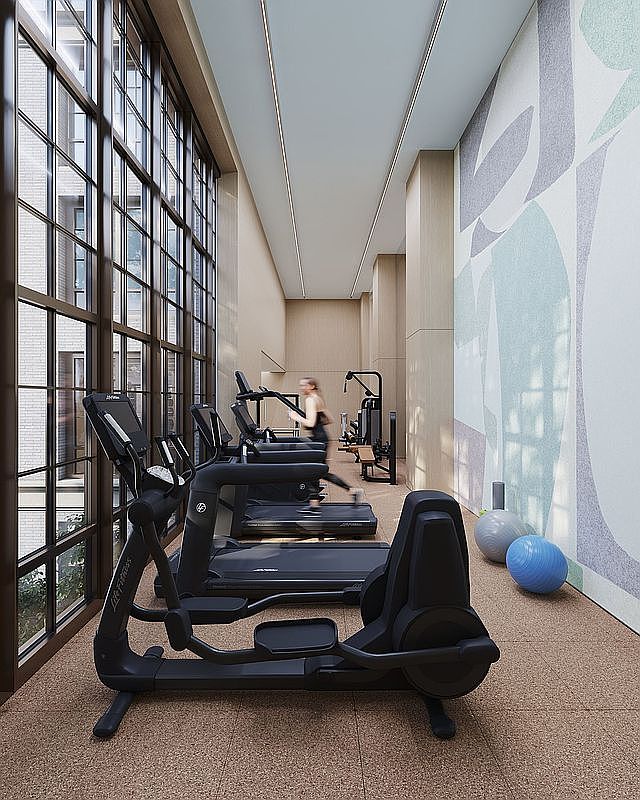 This modern, well-lit home gym features a row of professional-grade cardio equipment, including an elliptical and treadmills, set against a backdrop of light wood-paneled walls. A large, abstract mural adds a touch of artistic flair to the space, while floor-to-ceiling windows provide ample natural light and a view of the exterior. The room is finished with a textured, neutral-toned floor and includes exercise balls, creating a clean and inviting atmosphere for fitness.