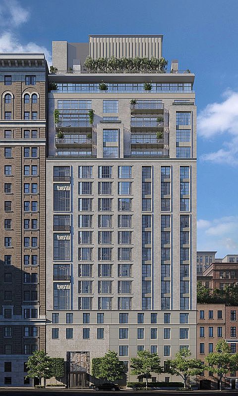 This image presents a direct, eye-level perspective of a sophisticated, multi-story urban residential building with a light-colored stone facade. The structure features a symmetrical design with rows of large, multi-pane windows, several private balconies with metal railings, and a landscaped rooftop terrace. The ground level includes a recessed, ornate entryway and mature trees lining the sidewalk, creating a polished and upscale metropolitan aesthetic.