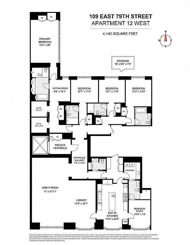 This image is a detailed architectural floor plan for Apartment 12 West at 109 East 79th Street, showcasing a spacious 4,140-square-foot layout. The diagram illustrates the spatial arrangement of multiple bedrooms, a primary suite with dual walk-in closets, a large great room, a library, and an eat-in kitchen. The top-down perspective provides a clear overview of the home's flow, including the placement of bathrooms, laundry facilities, and storage areas.