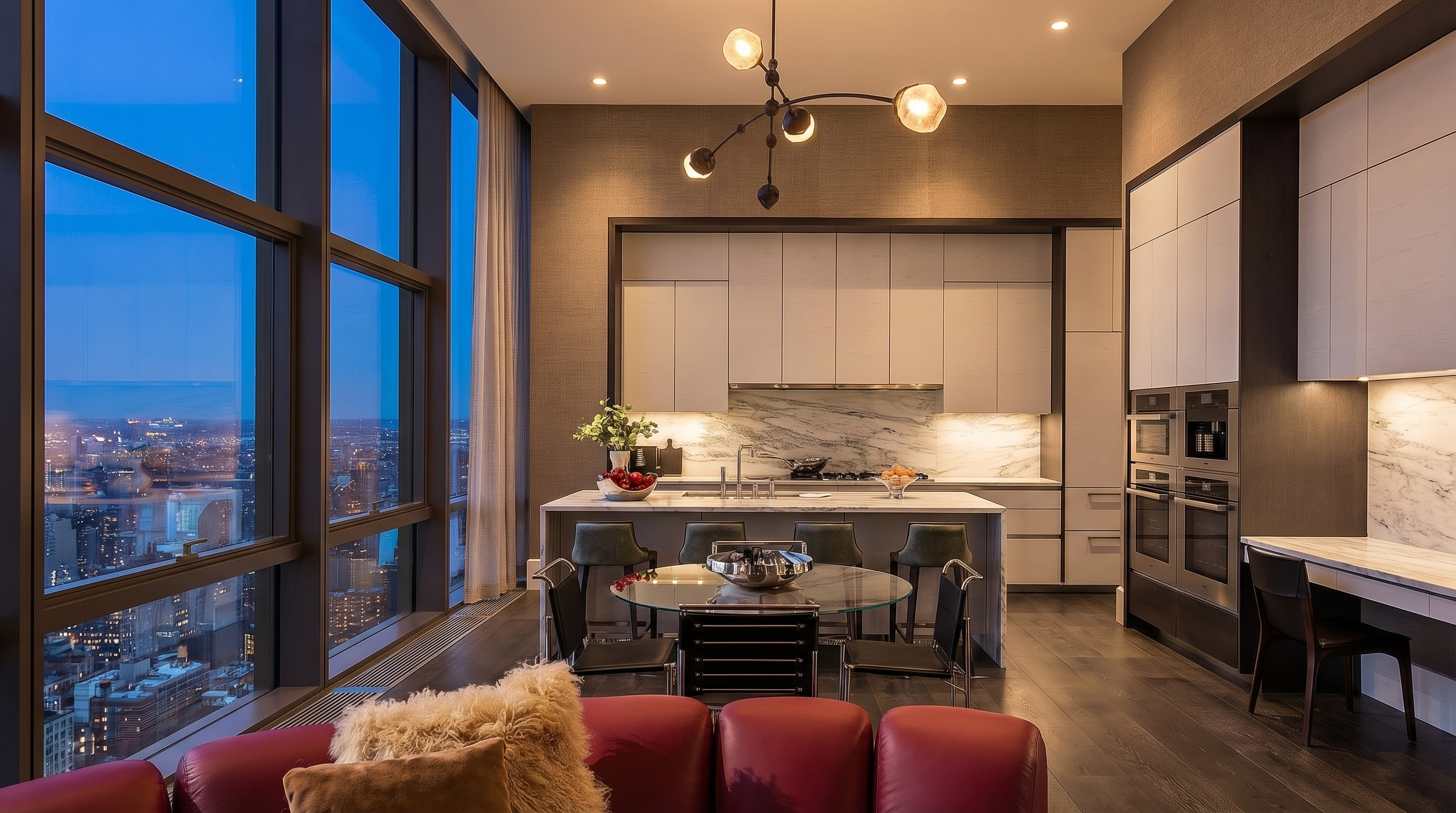 This sophisticated, high-rise kitchen features luxury finishes, including marble countertops and backsplashes paired with sleek, light-colored cabinetry. The open-concept design integrates a central island with bar seating and a dedicated glass-top dining area, all set against dramatic floor-to-ceiling windows showcasing an expansive city skyline. A minimalist pendant light fixture and built-in stainless steel appliances complete this modern, elegant living space.