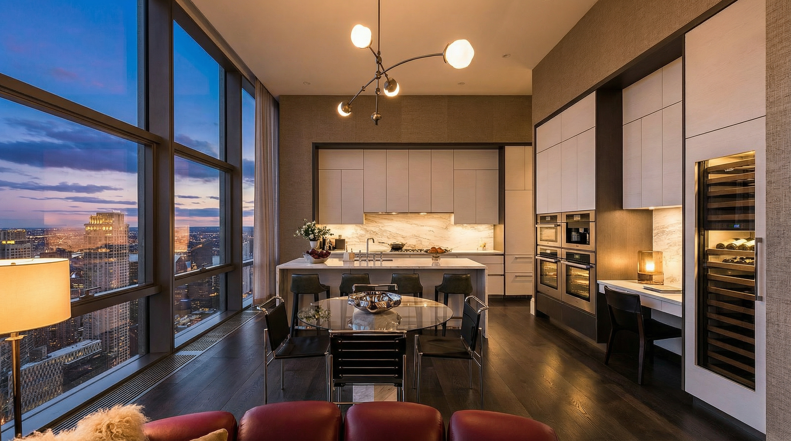 This modern, high-end apartment kitchen features sleek white cabinetry, a marble-topped island, and premium stainless steel appliances. A floor-to-ceiling glass wall provides stunning panoramic city views, creating a sophisticated and luxurious atmosphere. The space elegantly integrates a dining area and a functional workspace, highlighting a seamless blend of contemporary design and urban convenience.