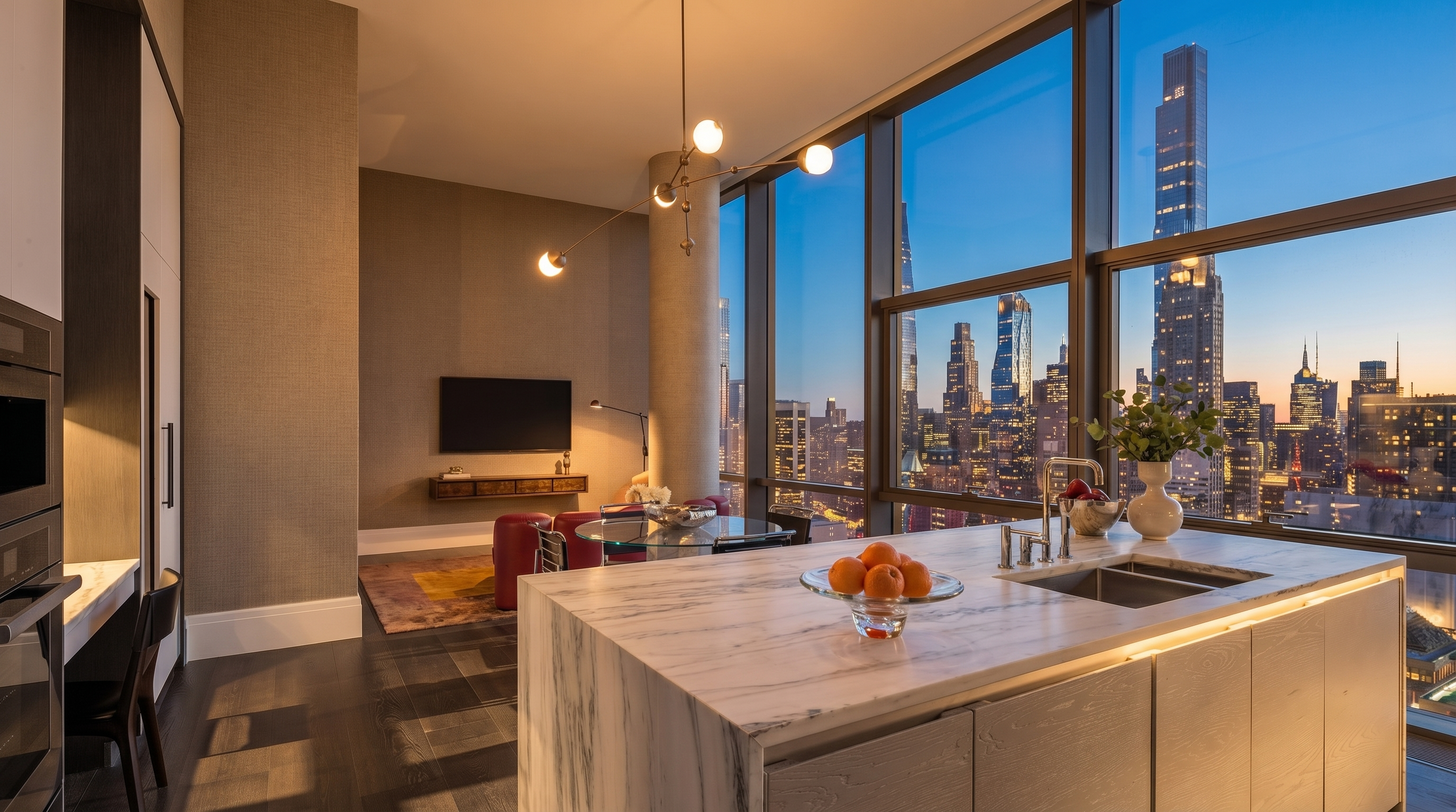 This sophisticated, high-end kitchen features a stunning waterfall marble island and sleek, wood-textured cabinetry, seamlessly blending into an open-concept living area. Floor-to-ceiling windows provide a breathtaking, panoramic view of the New York City skyline, bathing the space in natural light. The modern aesthetic is complemented by a minimalist pendant light fixture and dark hardwood flooring, creating an atmosphere of urban luxury.