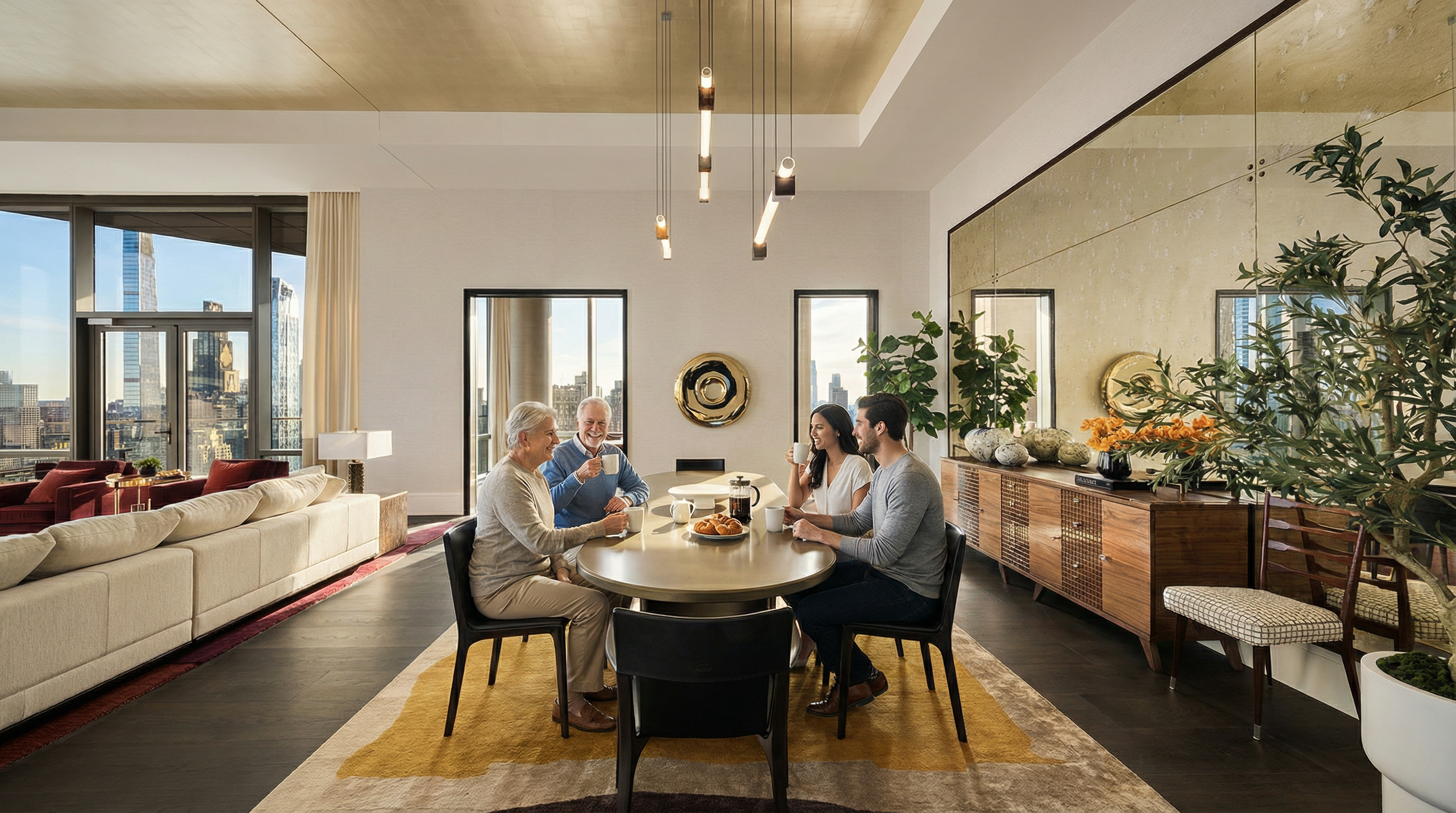 This sophisticated dining room features a long, oval-shaped table surrounded by sleek black chairs, set beneath a striking arrangement of modern pendant lights. The room is anchored by a large, abstract-patterned area rug and a warm, gold-leaf ceiling that adds a touch of opulence. A wooden sideboard sits against a mirrored wall, reflecting the space and enhancing the airy, high-end atmosphere, while floor-to-ceiling windows offer expansive city views.